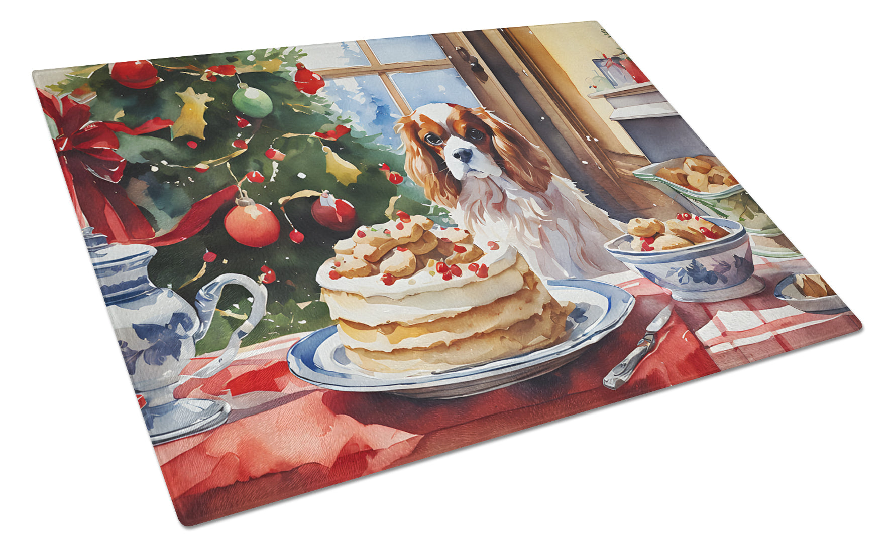 Cavalier Spaniel Christmas Cookies Cutting Board Tempered Glass Kitchen Cutting Surface, Heat Resistant Chopping, Non-Slip Feet, Food Prep & Serving