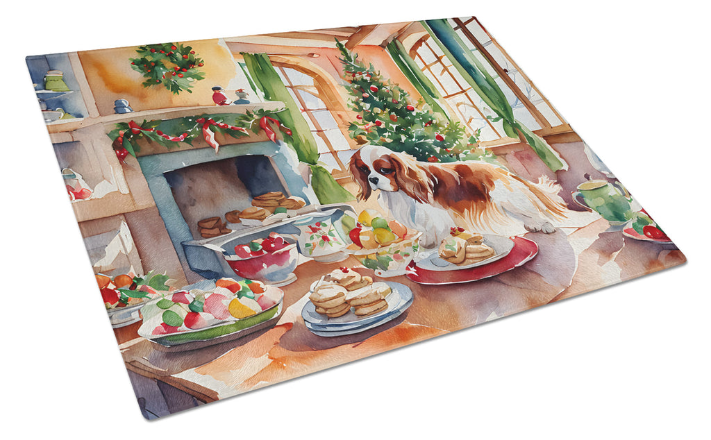 Cavalier Spaniel Christmas Cookies Cutting Board Tempered Glass Kitchen Cutting Surface, Heat Resistant Chopping, Non-Slip Feet, Food Prep & Serving