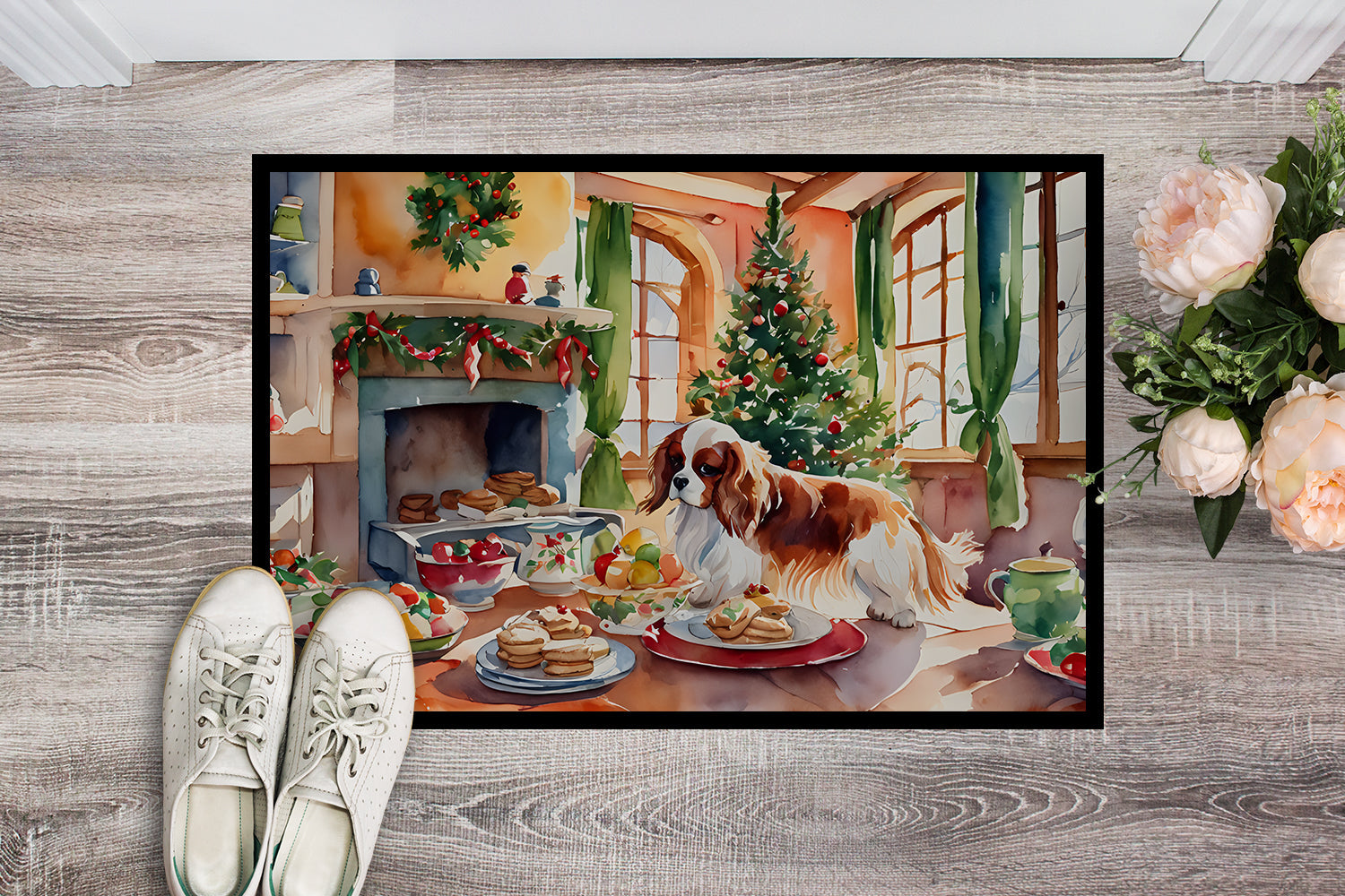 Cavalier Spaniel Christmas Cookies Doormat Indoor Outdoor 18H X 27W Front Door Mat Rugs for Entryway, Non Slip Washable