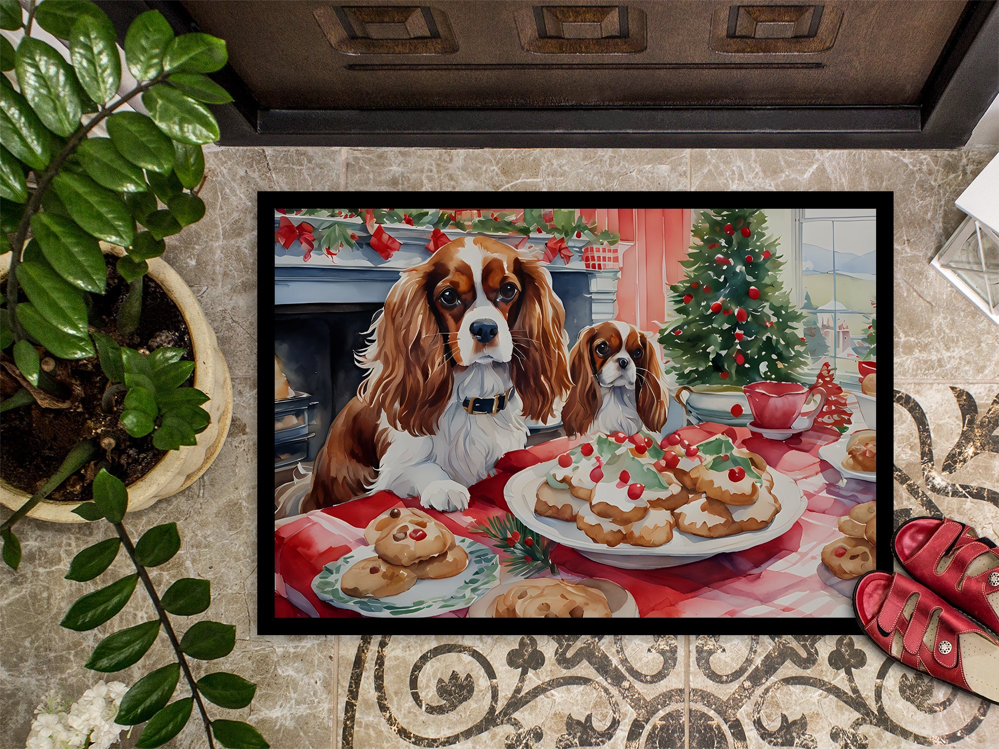 Cavalier Spaniel Christmas Cookies Doormat Indoor Outdoor 24H X 36W Front Door Mat Rugs for Entryway, Non Slip Washable Low Pile,