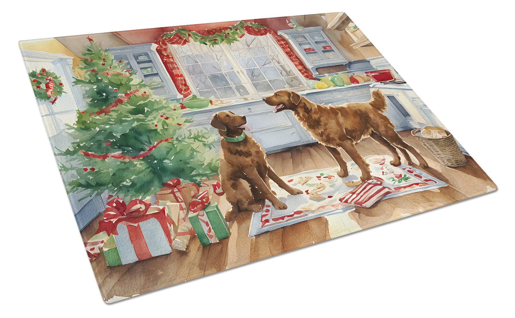Chesapeake Bay Retriever Christmas Cookies Cutting Board Tempered Glass Kitchen Cutting Surface, Heat Resistant Chopping, Non-Slip Feet, Food Prep & Serving