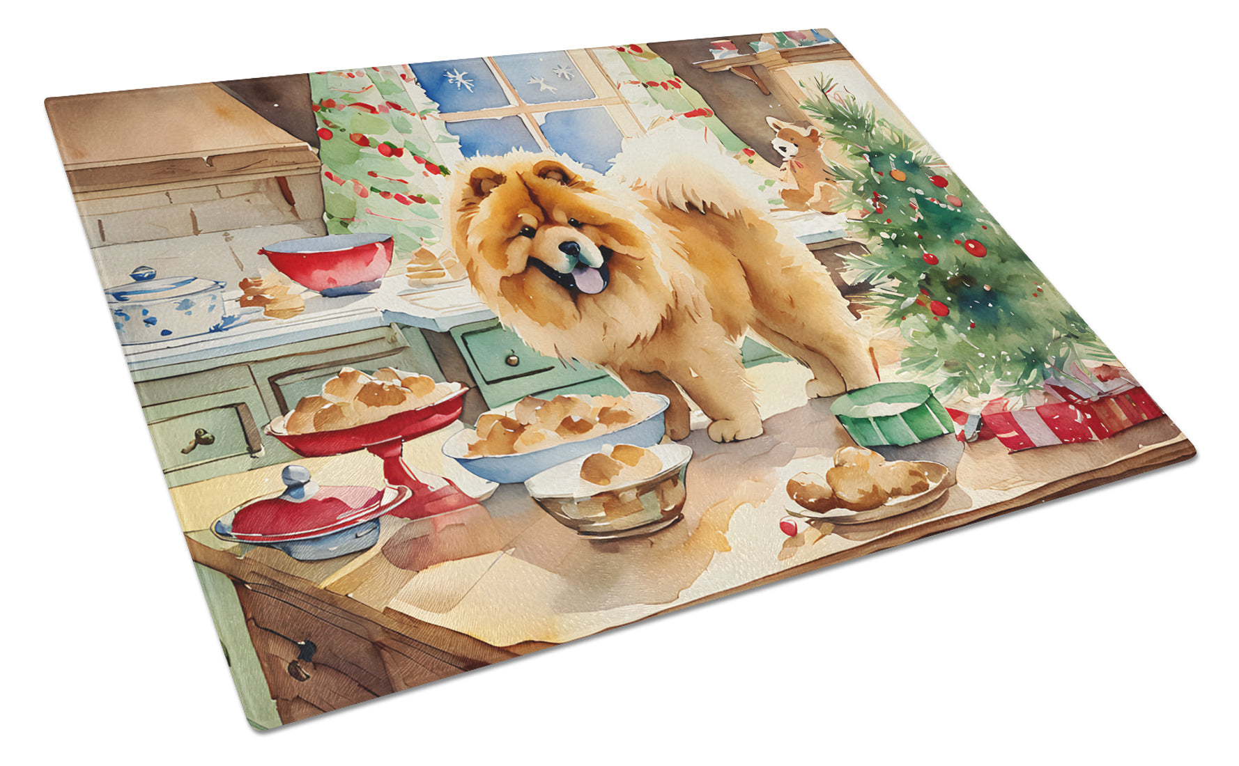 Chow Chow Christmas Cookies Cutting Board Tempered Glass Kitchen Cutting Surface, Heat Resistant Chopping, Non-Slip Feet, Food Prep & Serving