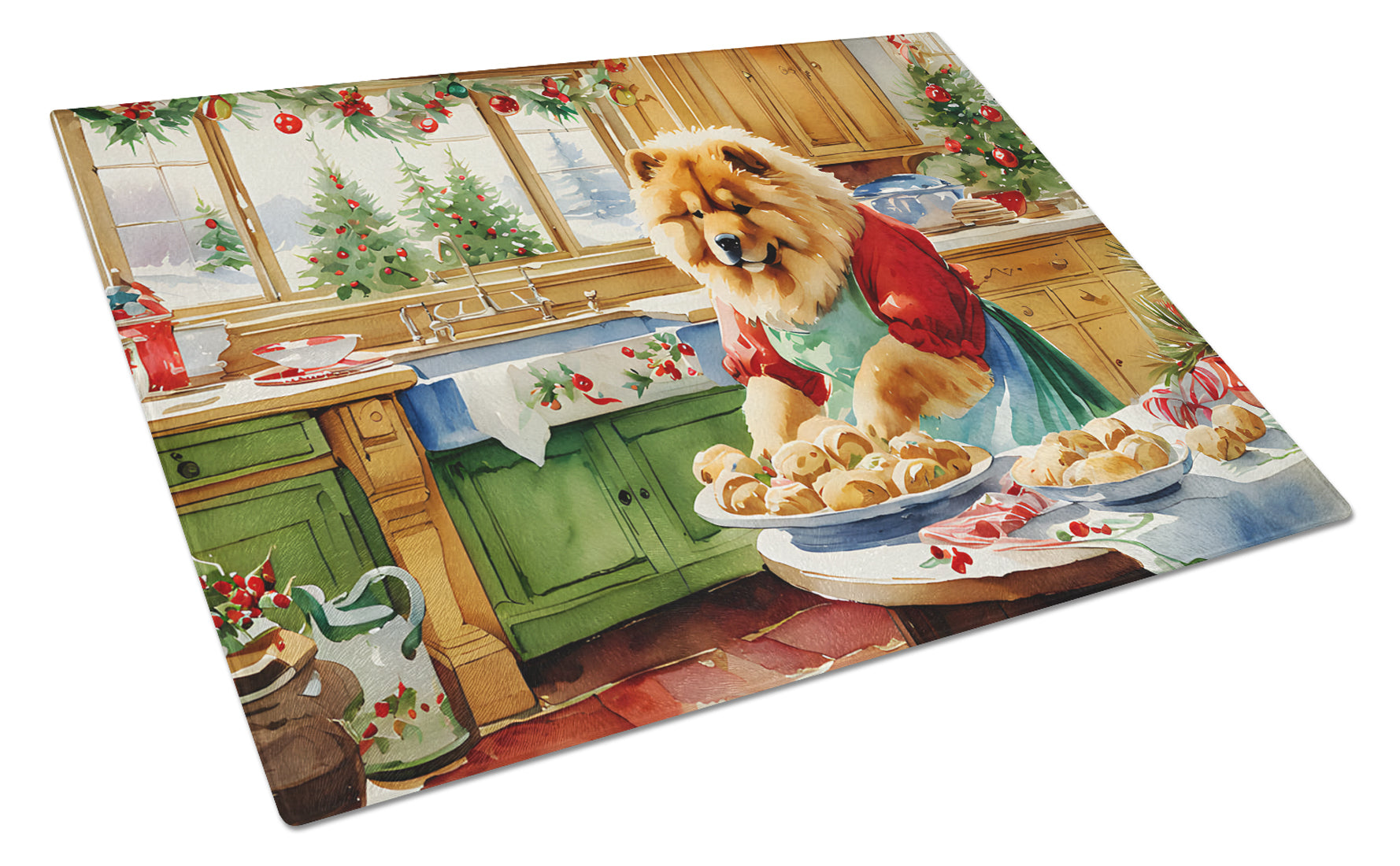 Chow Chow Christmas Cookies Cutting Board Tempered Glass Kitchen Cutting Surface, Heat Resistant Chopping, Non-Slip Feet, Food Prep & Serving