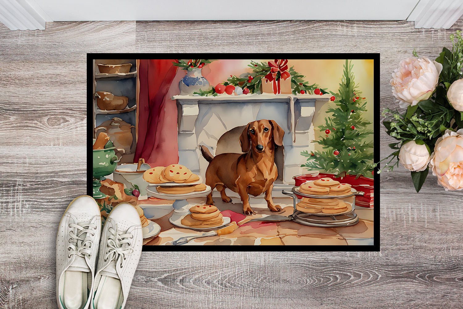 Dachshund Christmas Cookies Doormat Indoor Outdoor 24H X 36W Front Door Mat Rugs for Entryway, Non Slip Washable Low Pile,
