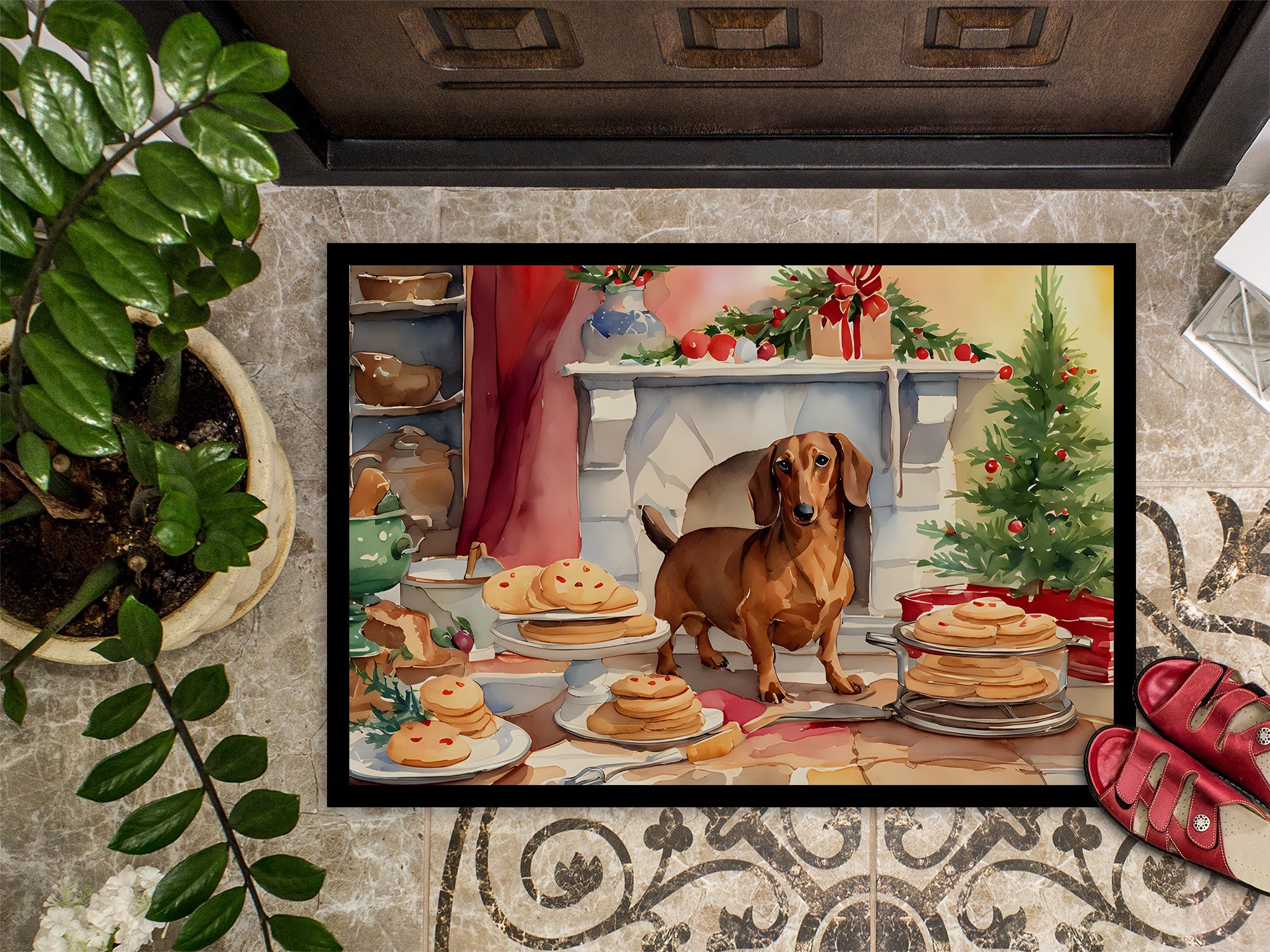 Dachshund Christmas Cookies Doormat Indoor Outdoor 24H X 36W Front Door Mat Rugs for Entryway, Non Slip Washable Low Pile,