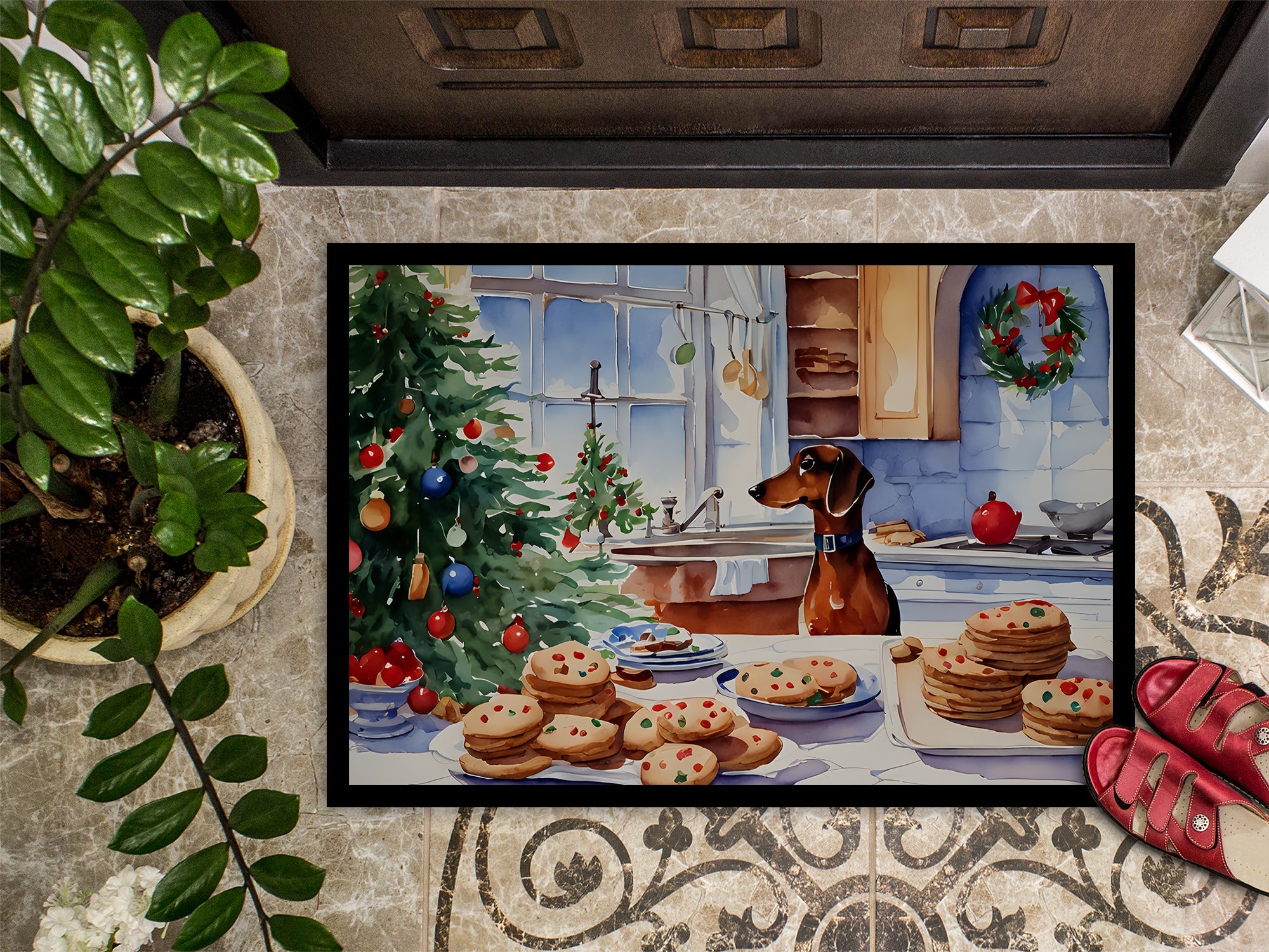 Dachshund Christmas Cookies Doormat Indoor Outdoor 18H X 27W Front Door Mat Rugs for Entryway, Non Slip Washable