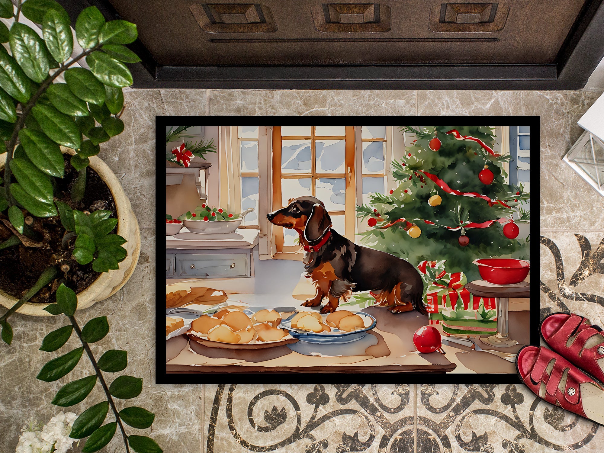 Dachshund Christmas Cookies Doormat Indoor Outdoor 18H X 27W Front Door Mat Rugs for Entryway, Non Slip Washable