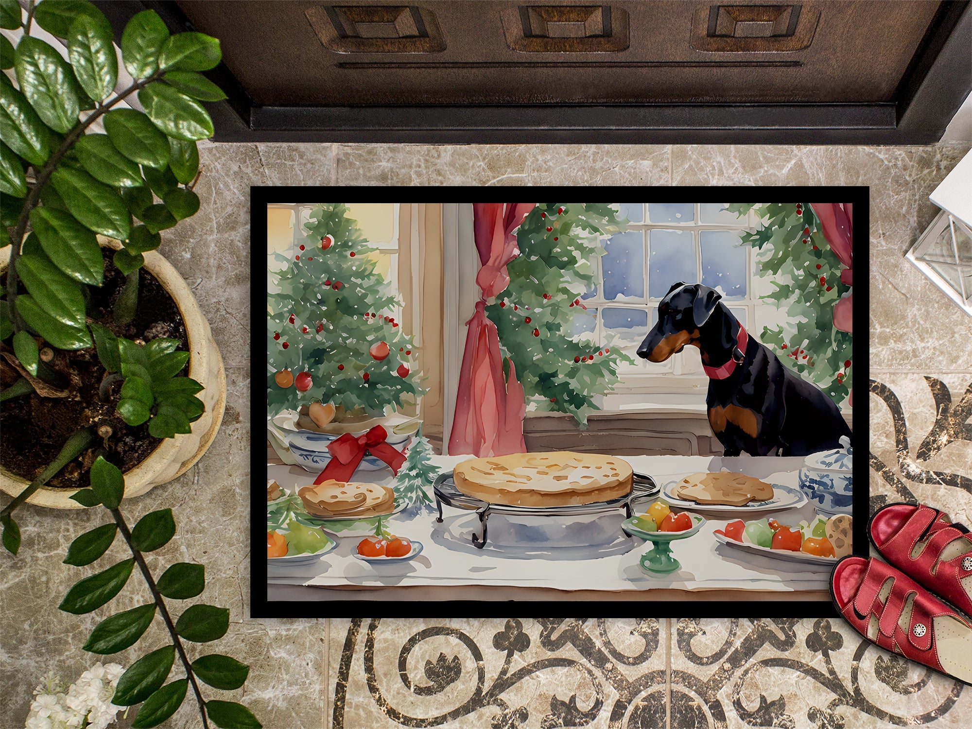 Doberman Pinscher Christmas Cookies Doormat Indoor Outdoor 18H X 27W Front Door Mat Rugs for Entryway, Non Slip Washable
