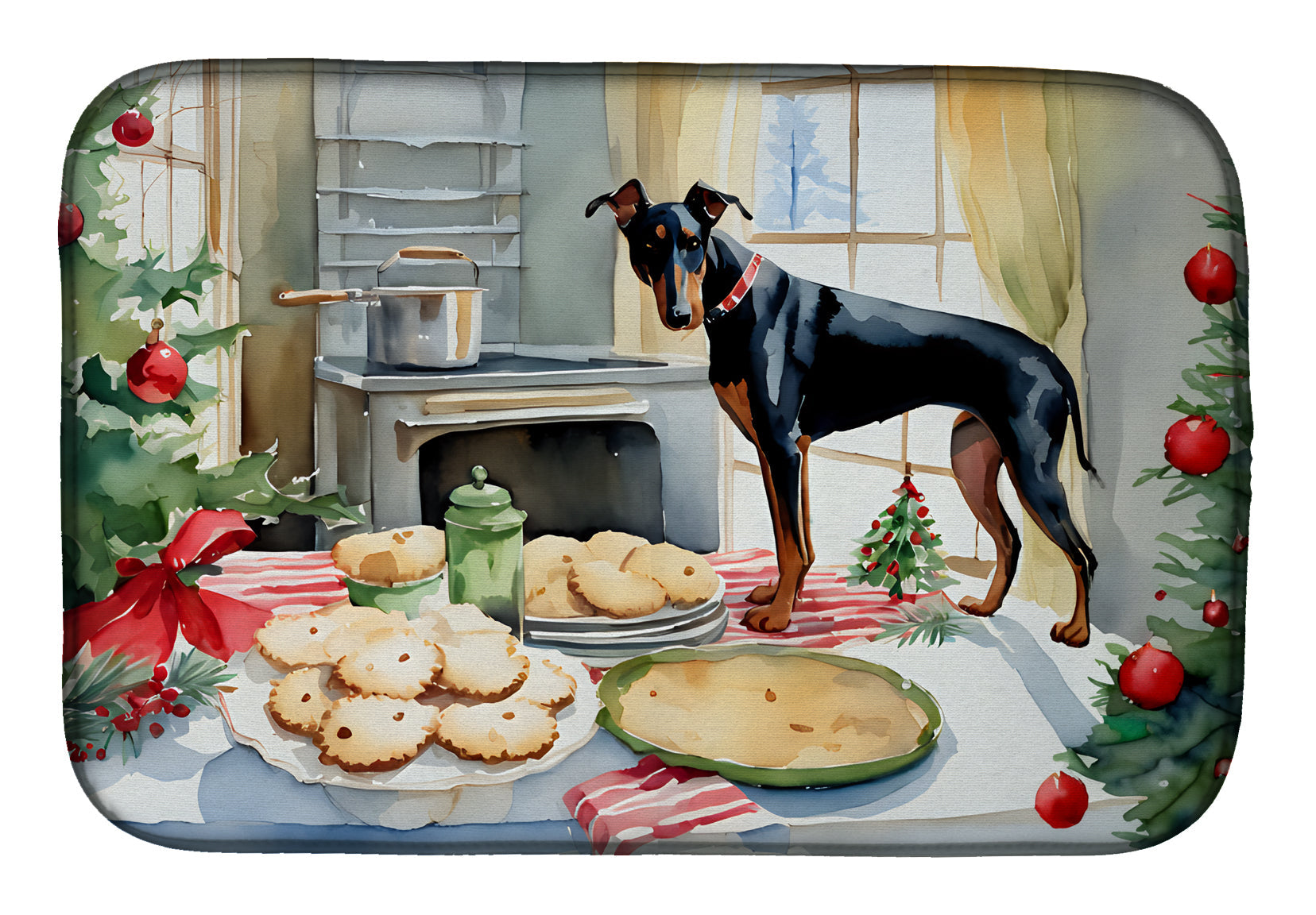 Doberman Pinscher Christmas Cookies Dish Drying Mat Absorbent Dish Drying Mat Pad for Kitchen Counter Dish Drainer Mat for Countertop, 14 x 21", Multicolor