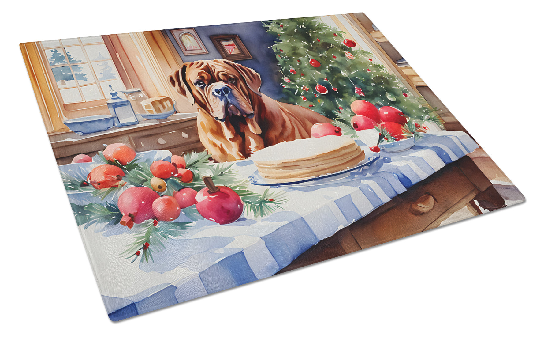 Dogue de Bordeaux Christmas Cookies Cutting Board Tempered Glass Kitchen Cutting Surface, Heat Resistant Chopping, Non-Slip Feet, Food Prep & Serving