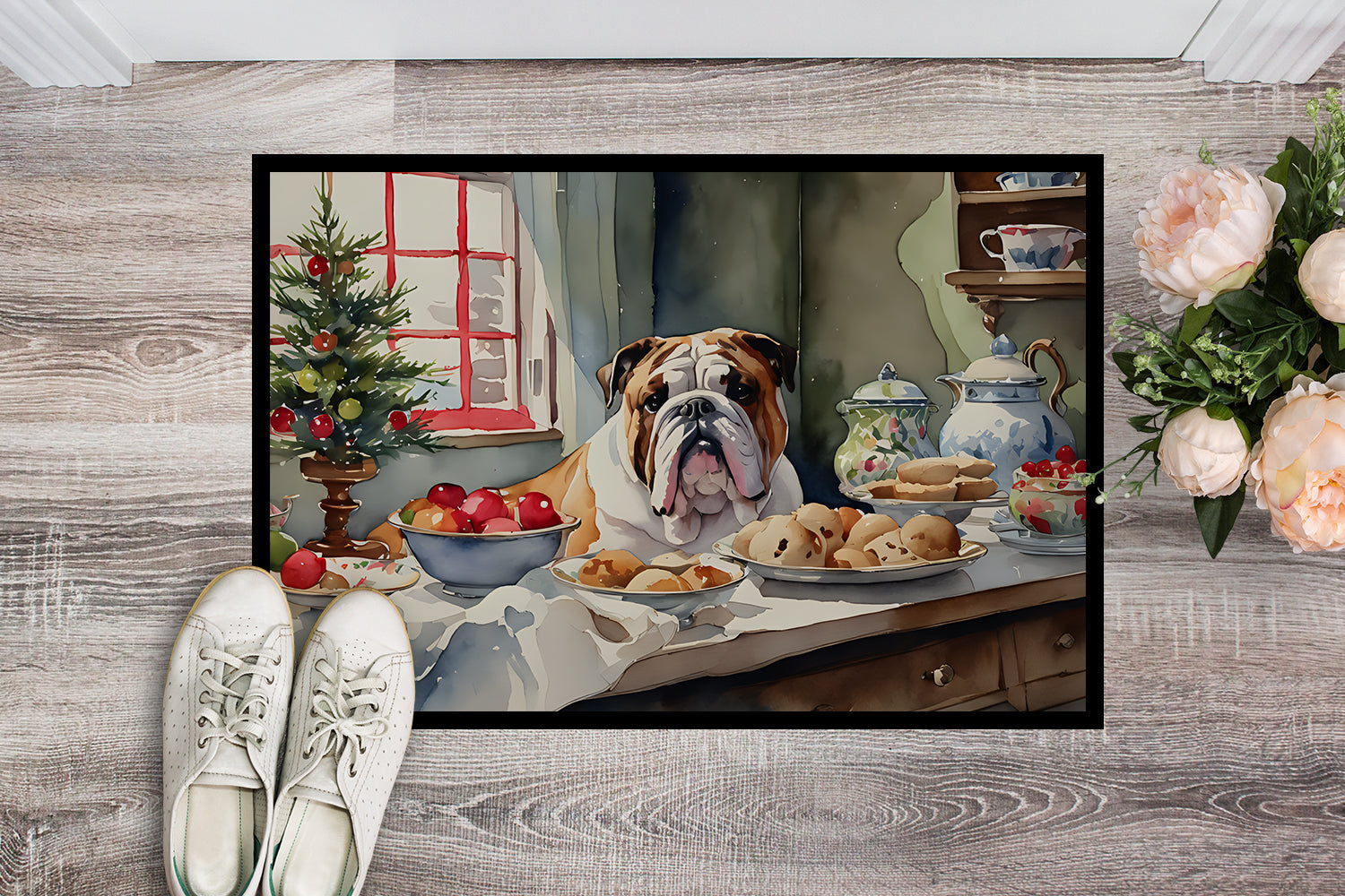 English Bulldog Christmas Cookies Doormat Indoor Outdoor 24H X 36W Front Door Mat Rugs for Entryway, Non Slip Washable Low Pile,