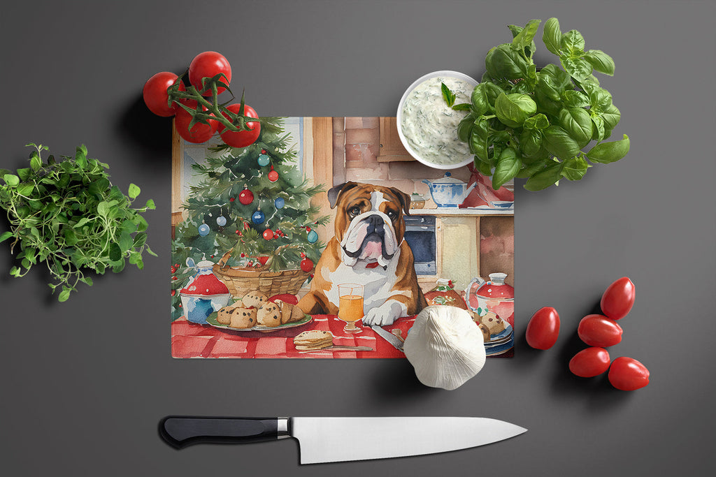 English Bulldog Christmas Cookies Cutting Board Tempered Glass Kitchen Cutting Surface, Heat Resistant Chopping, Non-Slip Feet, Food Prep & Serving