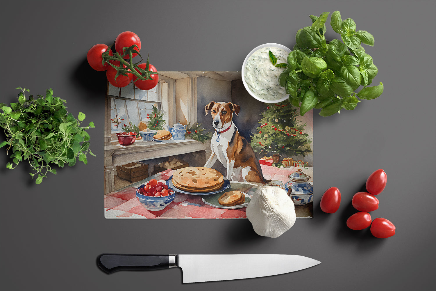 English Foxhound Christmas Cookies Cutting Board Tempered Glass Kitchen Cutting Surface, Heat Resistant Chopping, Non-Slip Feet, Food Prep & Serving