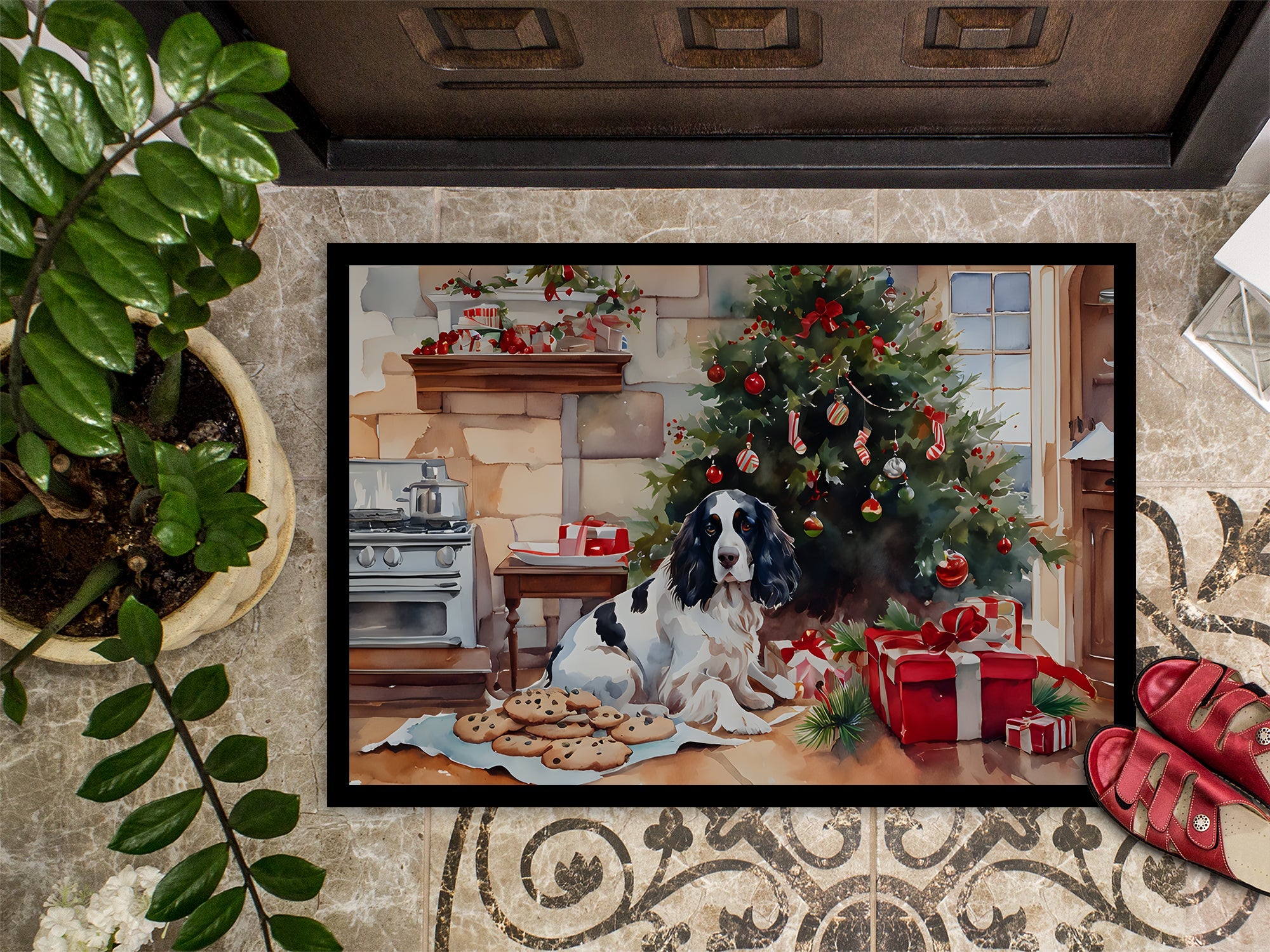 English Springer Spaniel Christmas Cookies Doormat Indoor Outdoor 18H X 27W Front Door Mat Rugs for Entryway, Non Slip Washable