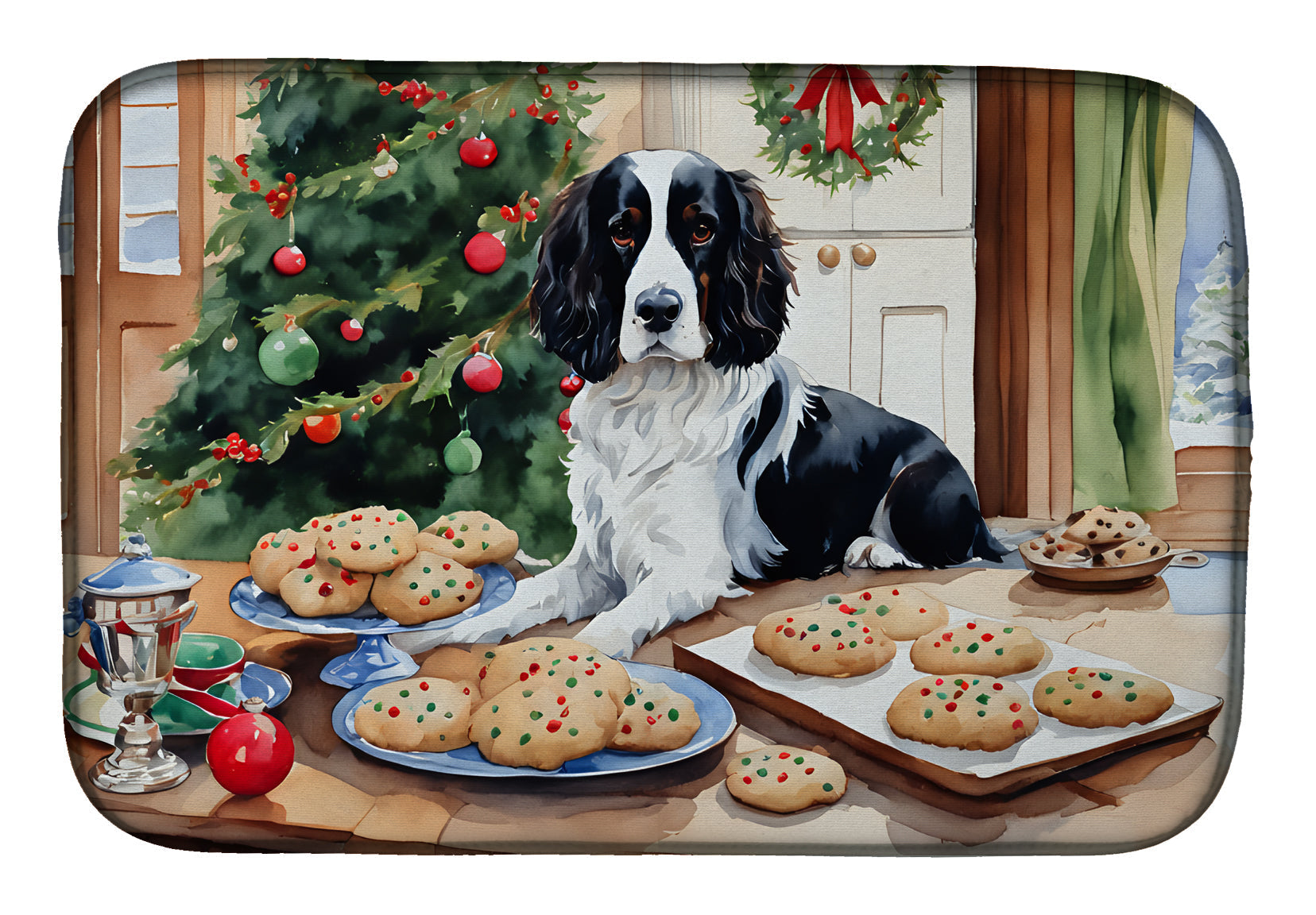 English Springer Spaniel Christmas Cookies Dish Drying Mat Absorbent Dish Drying Mat Pad for Kitchen Counter Dish Drainer Mat for Countertop, 14 x 21", Multicolor