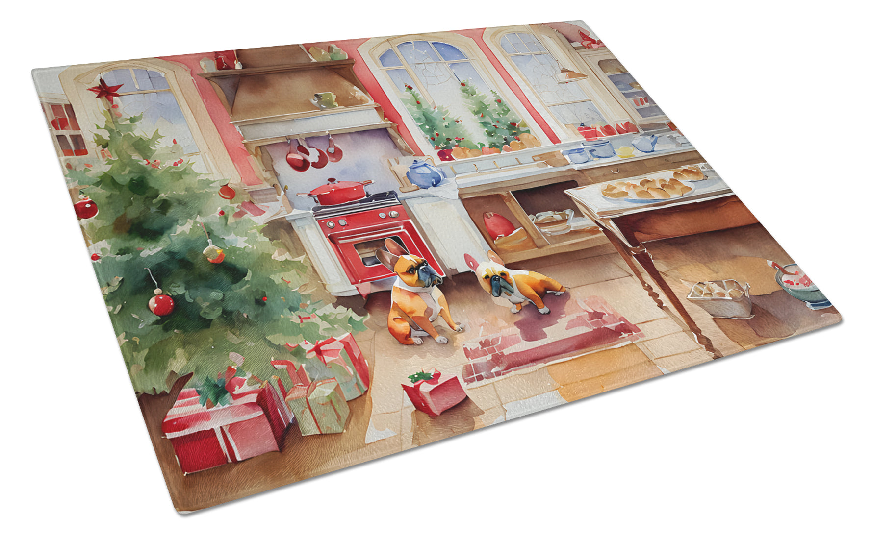 French Bulldog Christmas Cookies Cutting Board Tempered Glass Kitchen Cutting Surface, Heat Resistant Chopping, Non-Slip Feet, Food Prep & Serving