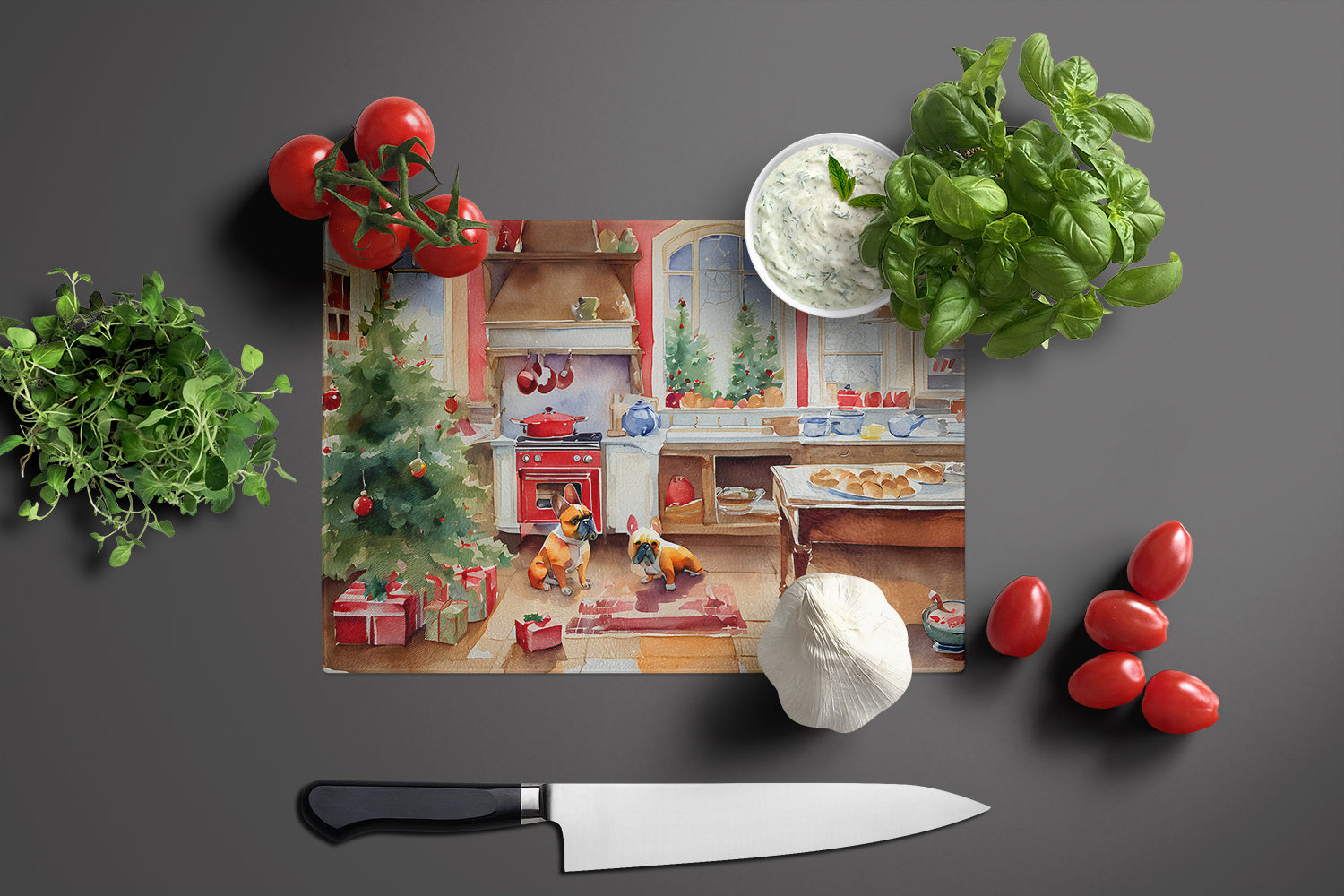 French Bulldog Christmas Cookies Cutting Board Tempered Glass Kitchen Cutting Surface, Heat Resistant Chopping, Non-Slip Feet, Food Prep & Serving