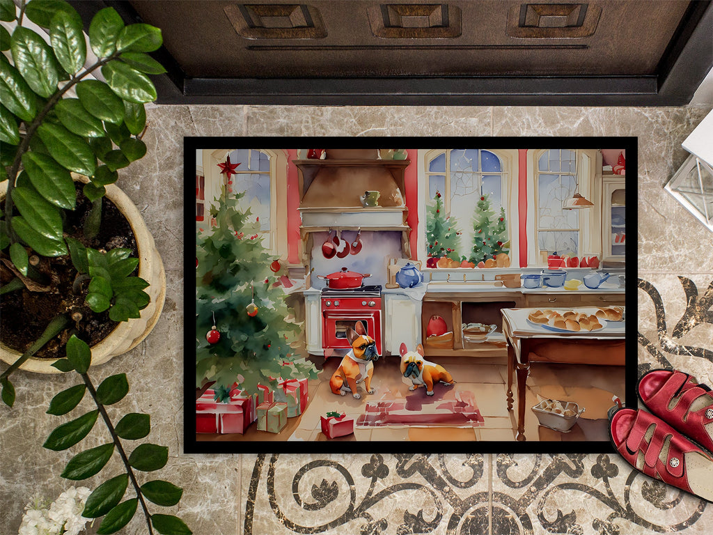 French Bulldog Christmas Cookies Doormat Indoor Outdoor 18H X 27W Front Door Mat Rugs for Entryway, Non Slip Washable
