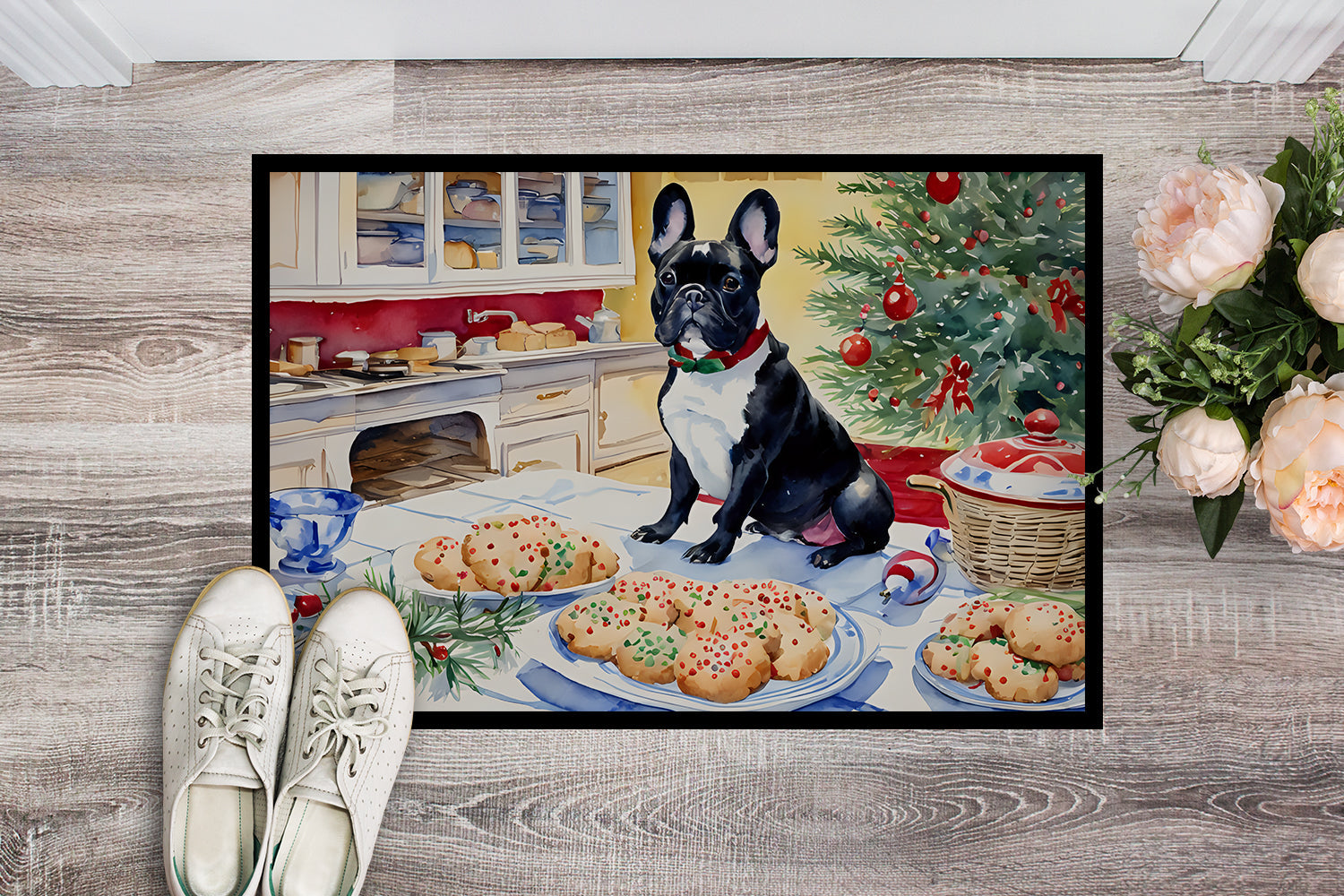 French Bulldog Christmas Cookies Doormat Indoor Outdoor 18H X 27W Front Door Mat Rugs for Entryway, Non Slip Washable