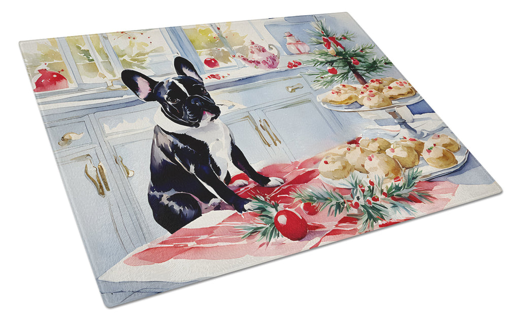 French Bulldog Christmas Cookies Cutting Board Tempered Glass Kitchen Cutting Surface, Heat Resistant Chopping, Non-Slip Feet, Food Prep & Serving