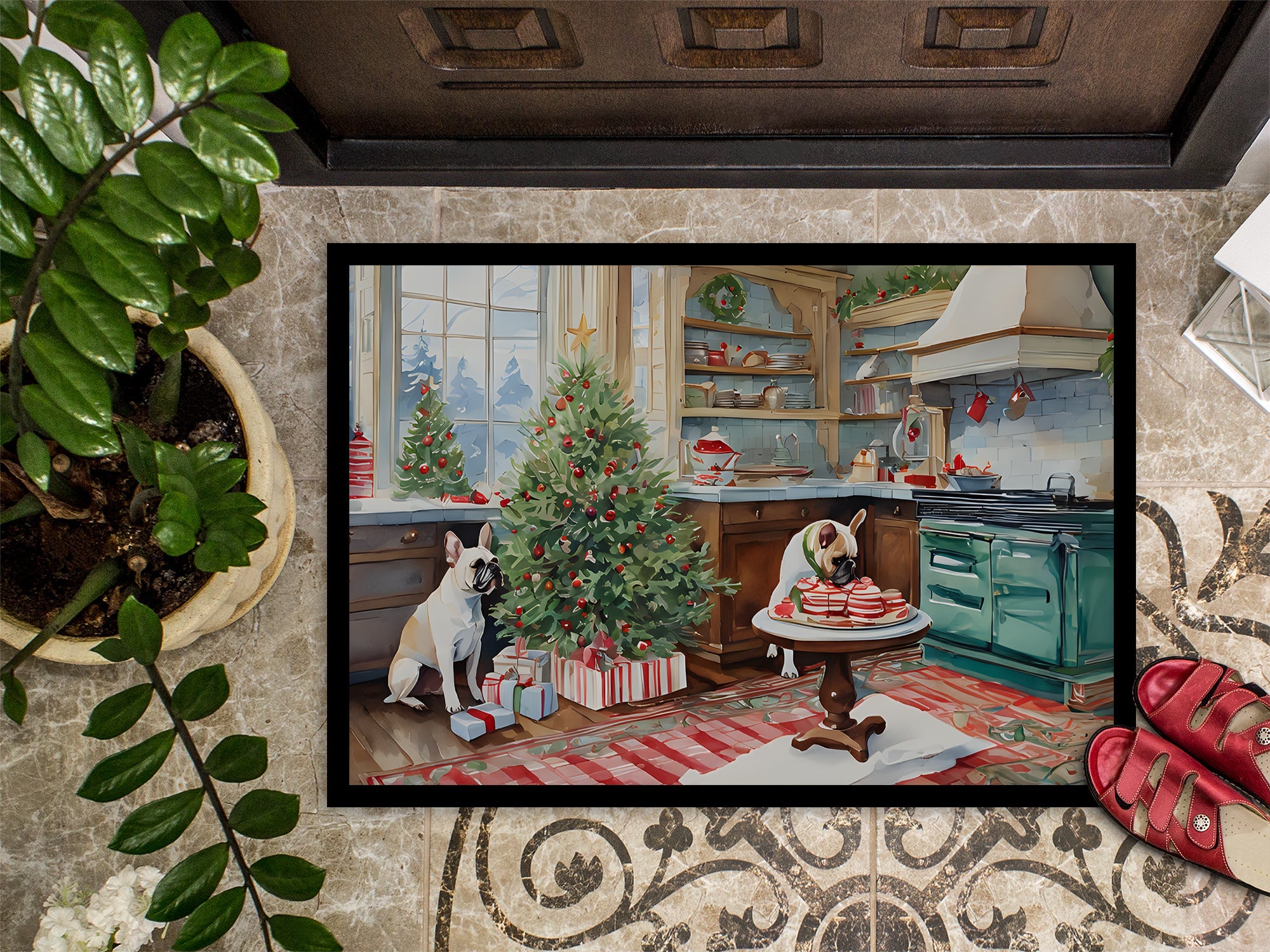 French Bulldog Christmas Cookies Doormat Indoor Outdoor 24H X 36W Front Door Mat Rugs for Entryway, Non Slip Washable Low Pile,