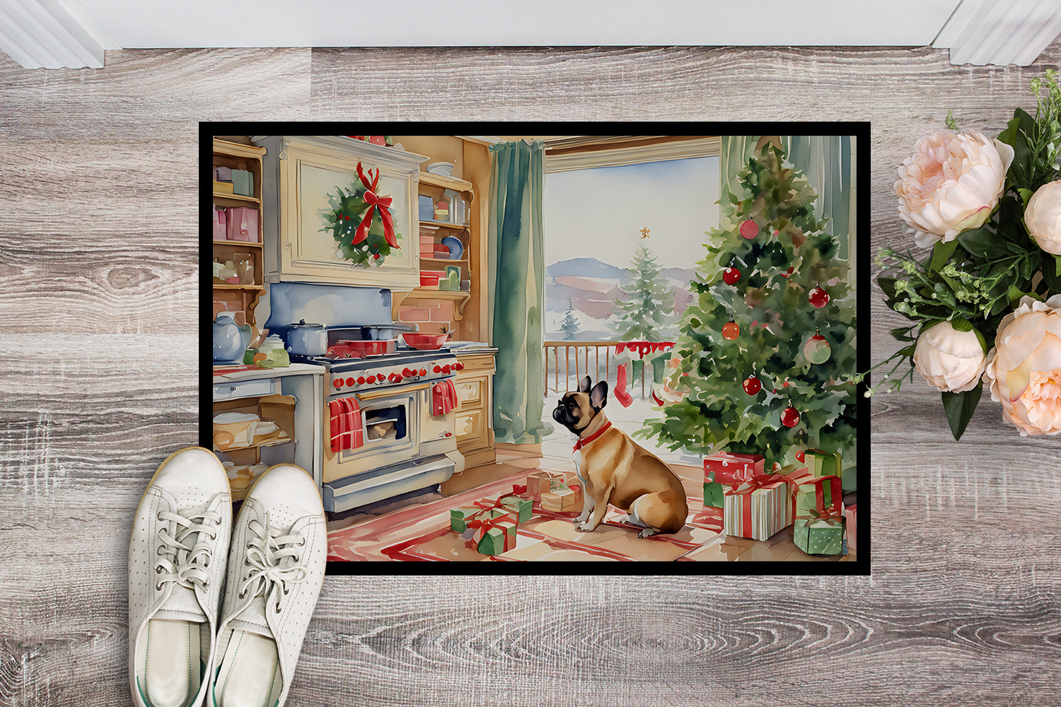 French Bulldog Christmas Cookies Doormat Indoor Outdoor 24H X 36W Front Door Mat Rugs for Entryway, Non Slip Washable Low Pile,