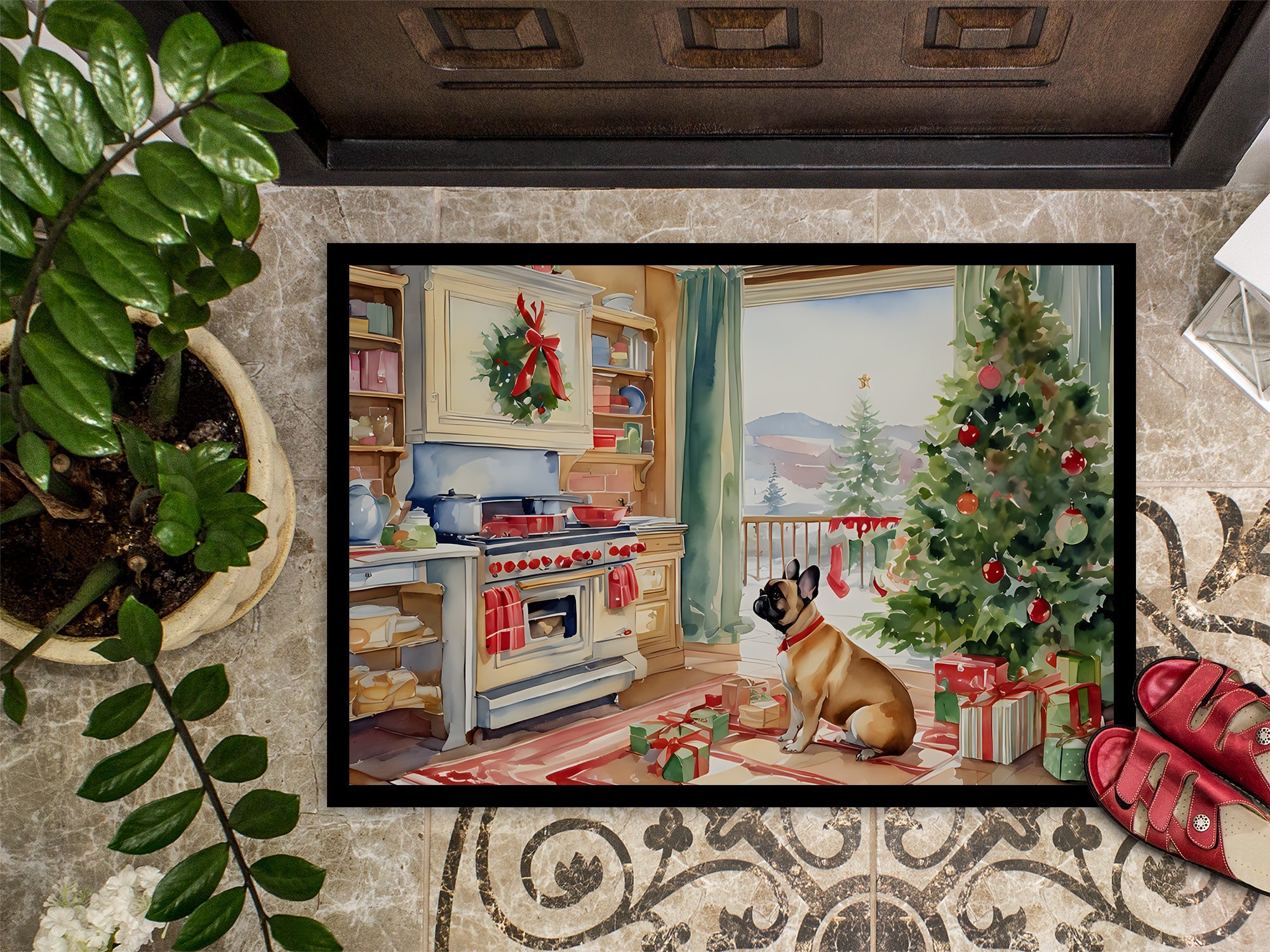 French Bulldog Christmas Cookies Doormat Indoor Outdoor 24H X 36W Front Door Mat Rugs for Entryway, Non Slip Washable Low Pile,