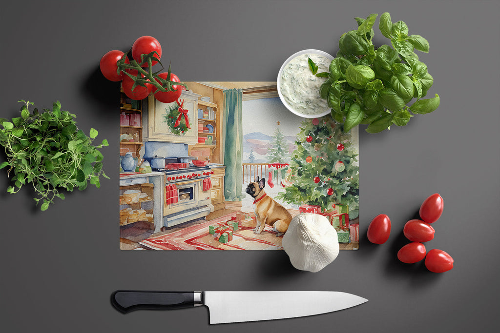 French Bulldog Christmas Cookies Cutting Board Tempered Glass Kitchen Cutting Surface, Heat Resistant Chopping, Non-Slip Feet, Food Prep & Serving