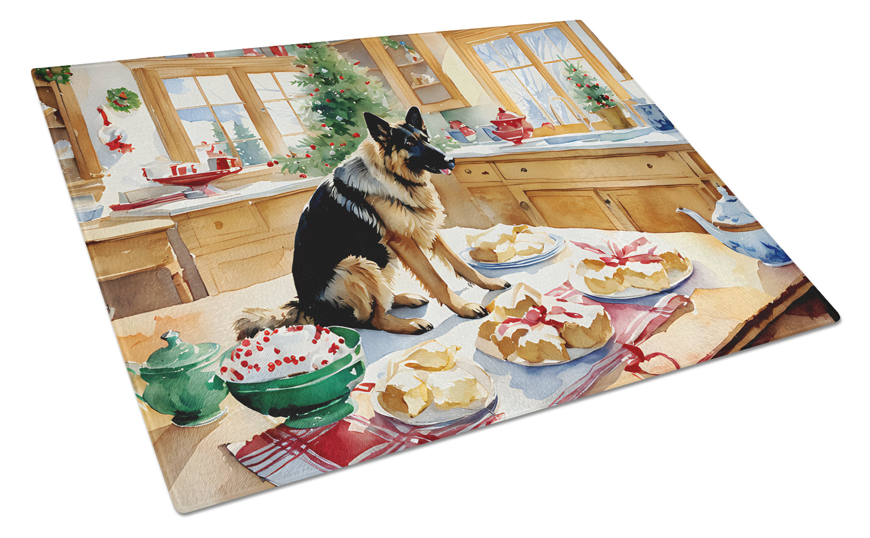 German Shepherd Christmas Cookies Cutting Board Tempered Glass Kitchen Cutting Surface, Heat Resistant Chopping, Non-Slip Feet, Food Prep & Serving