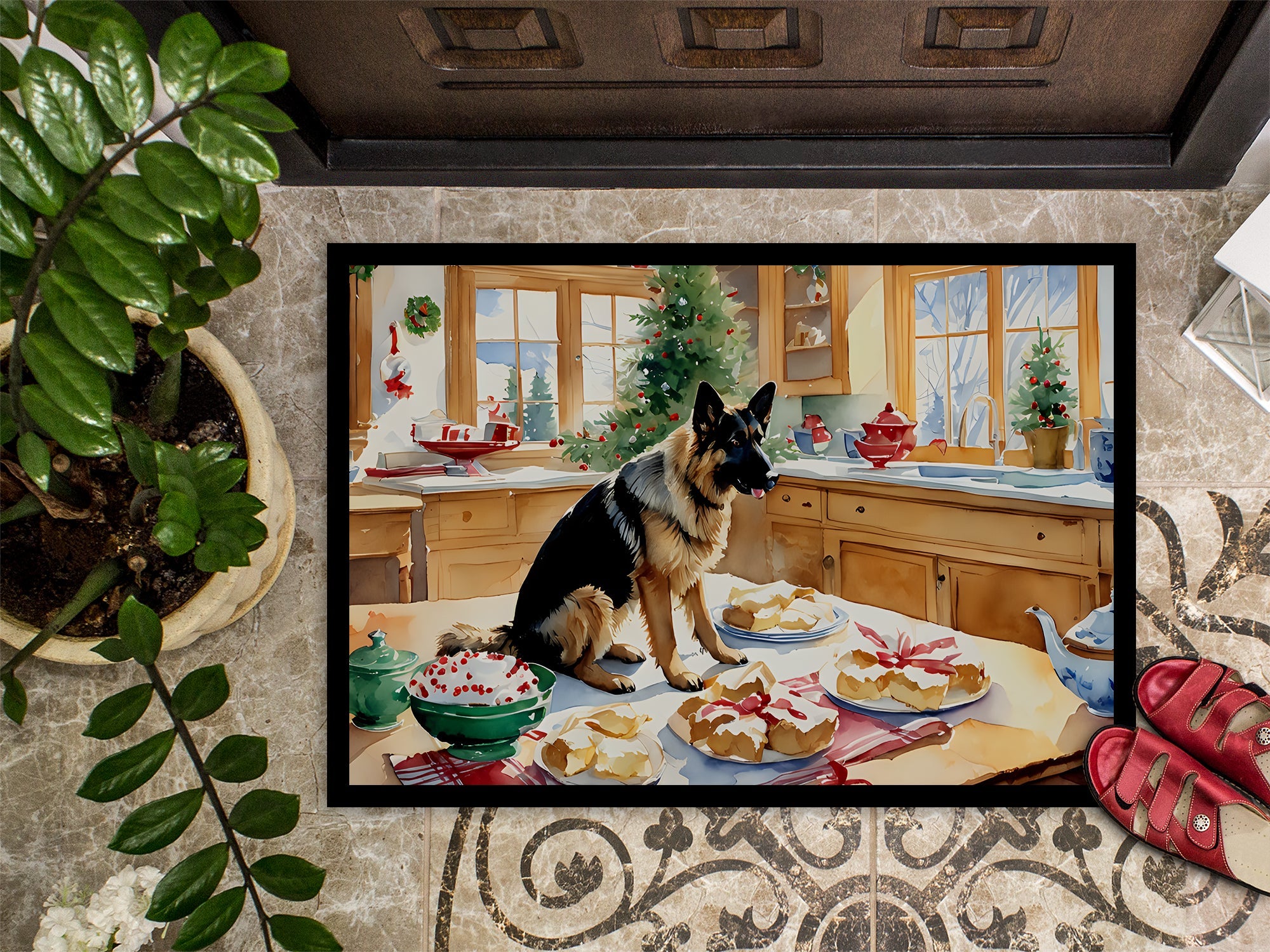 German Shepherd Christmas Cookies Doormat Indoor Outdoor 18H X 27W Front Door Mat Rugs for Entryway, Non Slip Washable