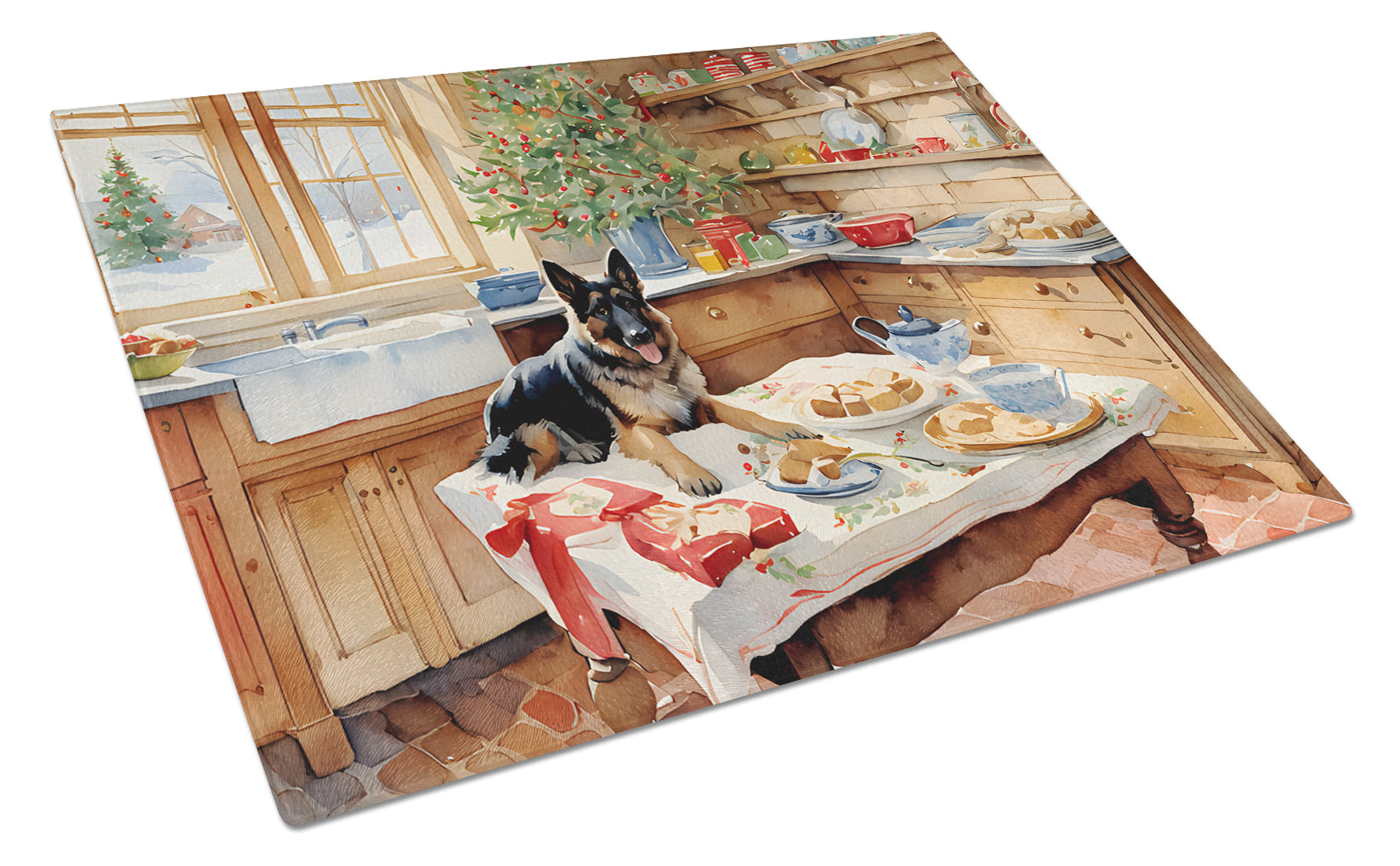German Shepherd Christmas Cookies Cutting Board Tempered Glass Kitchen Cutting Surface, Heat Resistant Chopping, Non-Slip Feet, Food Prep & Serving