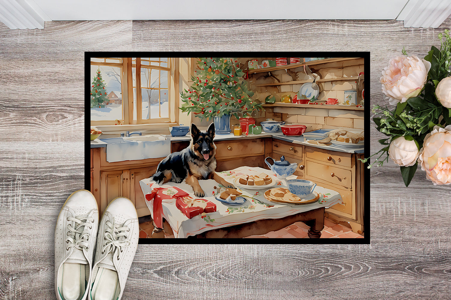 German Shepherd Christmas Cookies Doormat Indoor Outdoor 18H X 27W Front Door Mat Rugs for Entryway, Non Slip Washable