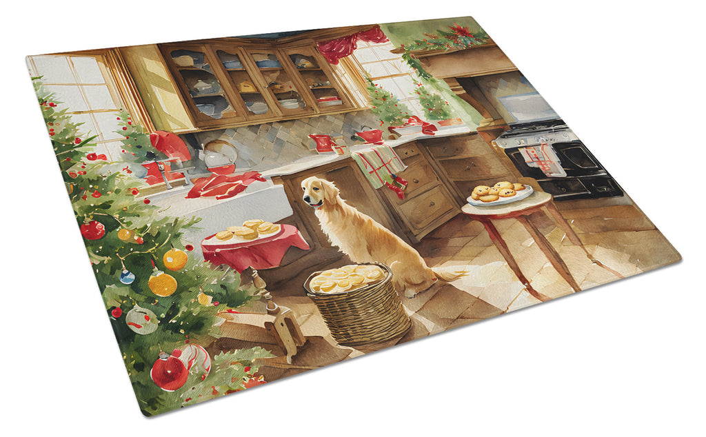 Golden Retriever Christmas Cookies Cutting Board Tempered Glass Kitchen Cutting Surface, Heat Resistant Chopping, Non-Slip Feet, Food Prep & Serving