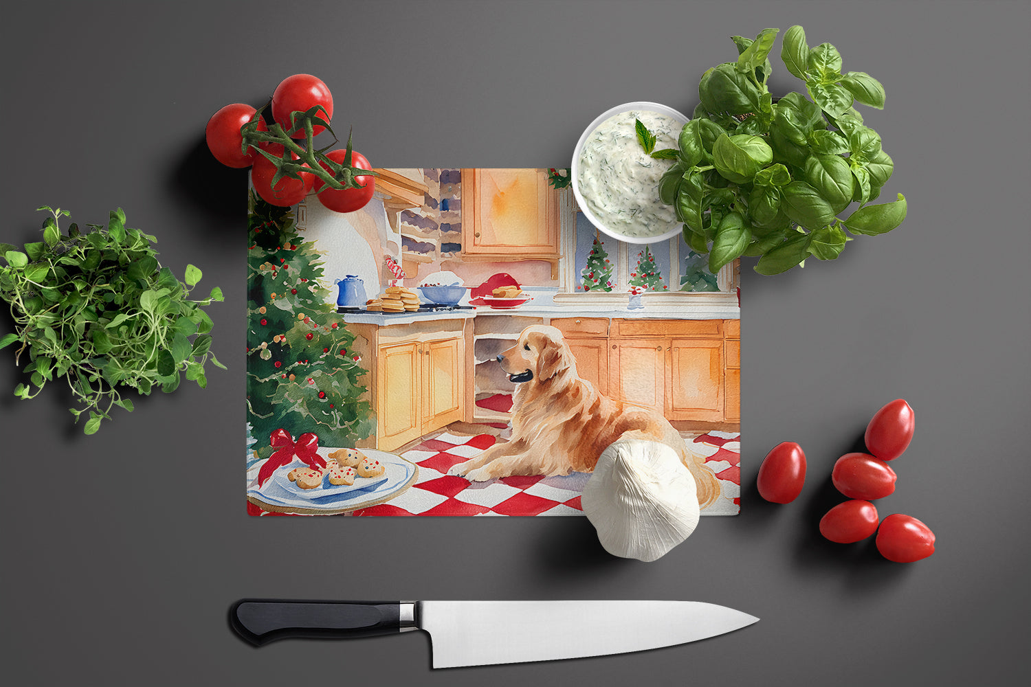 Golden Retriever Christmas Cookies Cutting Board Tempered Glass Kitchen Cutting Surface, Heat Resistant Chopping, Non-Slip Feet, Food Prep & Serving
