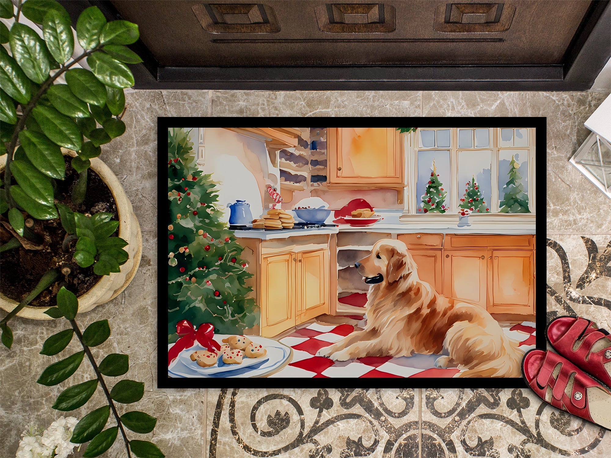 Golden Retriever Christmas Cookies Doormat Indoor Outdoor 18H X 27W Front Door Mat Rugs for Entryway, Non Slip Washable