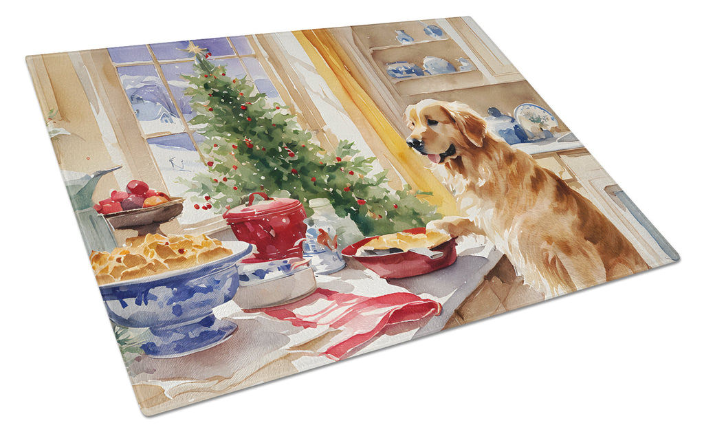 Golden Retriever Christmas Cookies Cutting Board Tempered Glass Kitchen Cutting Surface, Heat Resistant Chopping, Non-Slip Feet, Food Prep & Serving