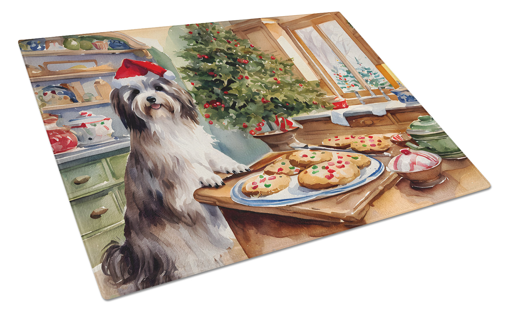 Havanese Christmas Cookies Cutting Board Tempered Glass Kitchen Cutting Surface, Heat Resistant Chopping, Non-Slip Feet, Food Prep & Serving