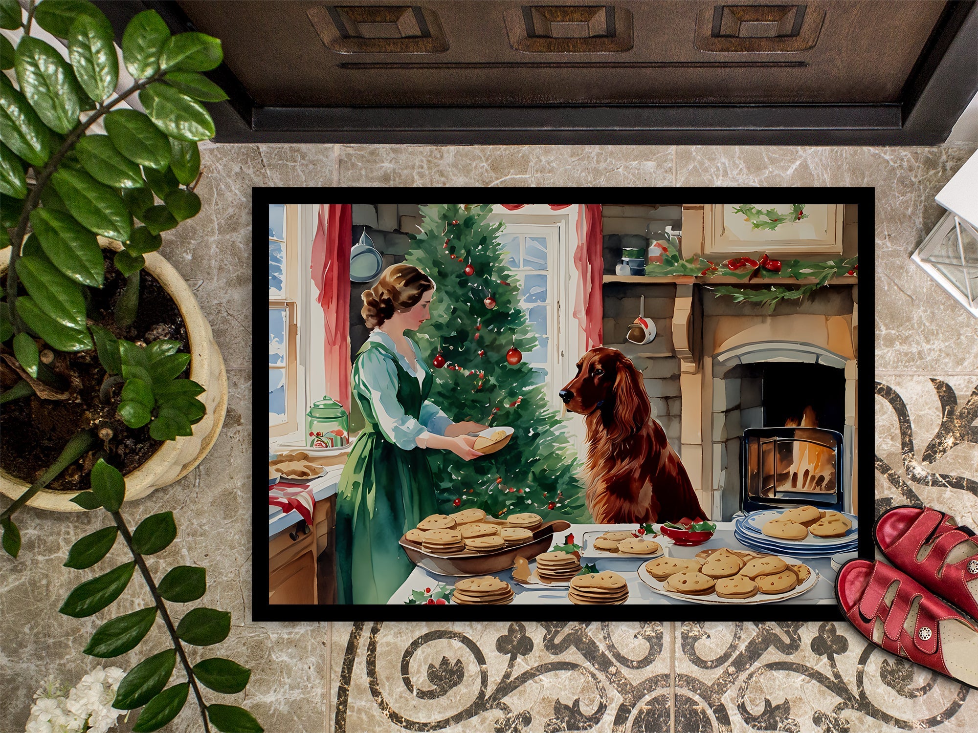 Irish Setter Christmas Cookies Doormat Indoor Outdoor 18H X 27W Front Door Mat Rugs for Entryway, Non Slip Washable