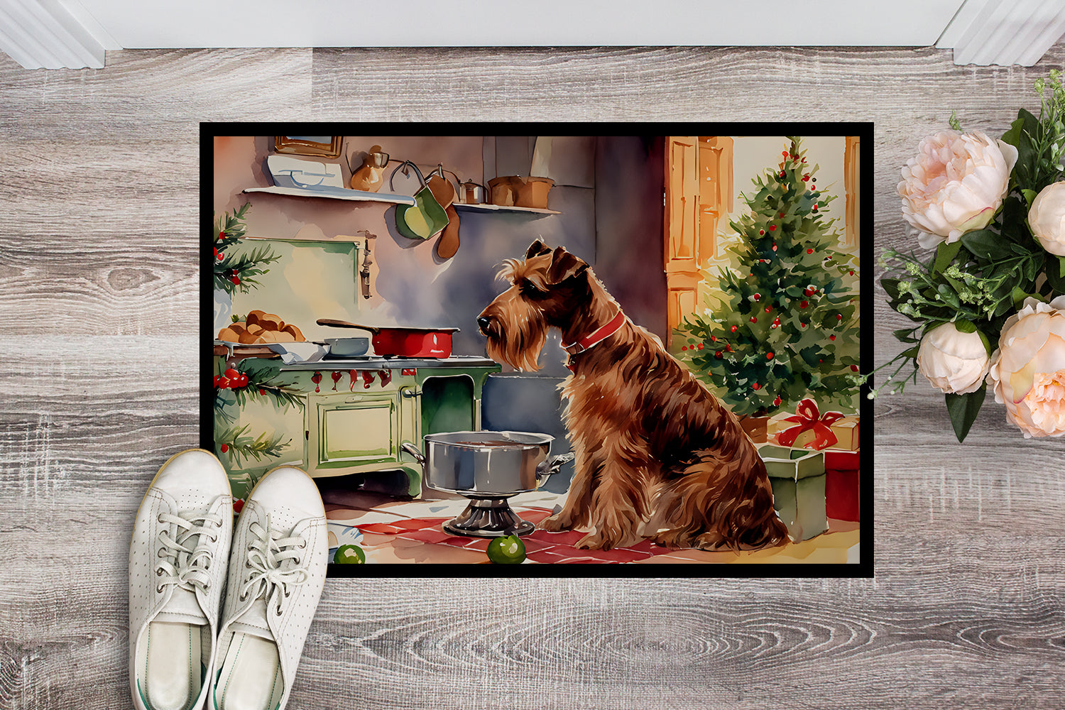 Irish Terrier Christmas Cookies Doormat Indoor Outdoor 18H X 27W Front Door Mat Rugs for Entryway, Non Slip Washable