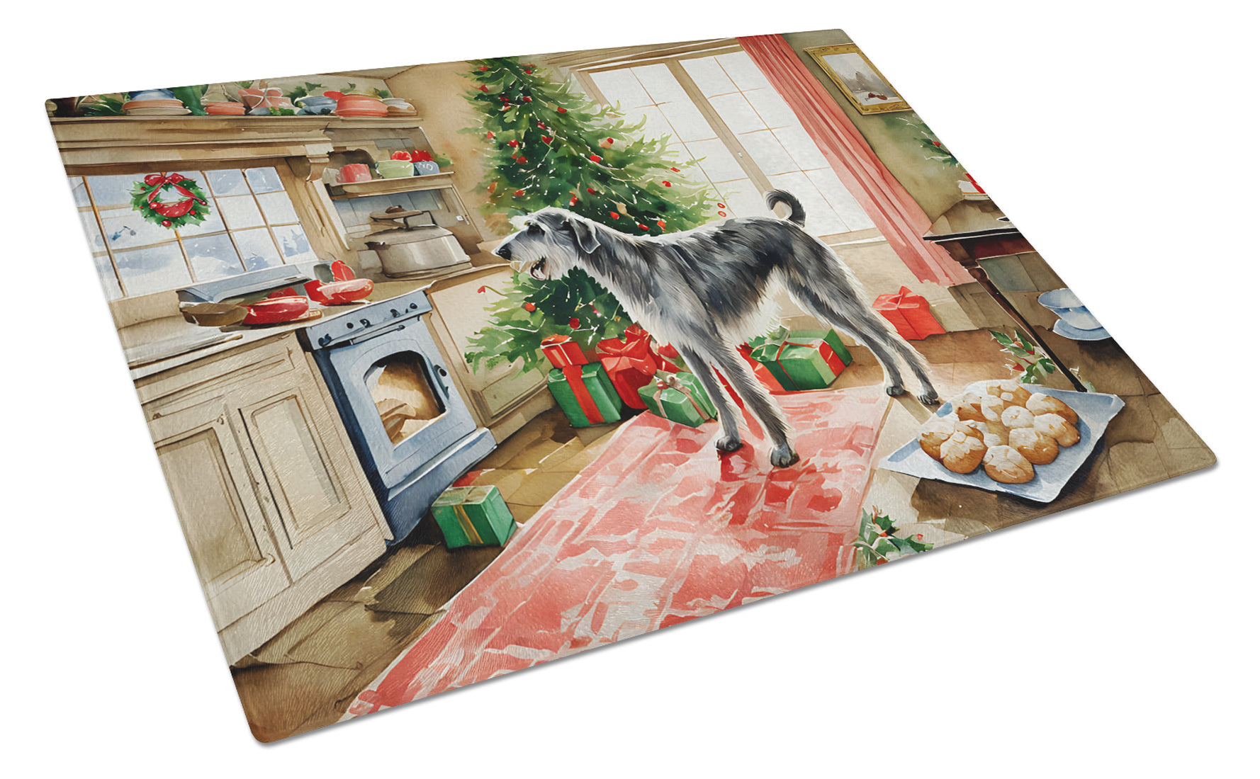 Irish Wolfhound Christmas Cookies Cutting Board Tempered Glass Kitchen Cutting Surface, Heat Resistant Chopping, Non-Slip Feet, Food Prep & Serving