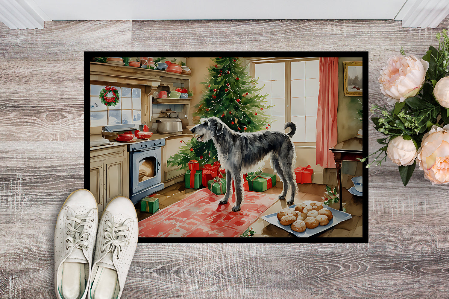 Irish Wolfhound Christmas Cookies Doormat Indoor Outdoor 18H X 27W Front Door Mat Rugs for Entryway, Non Slip Washable