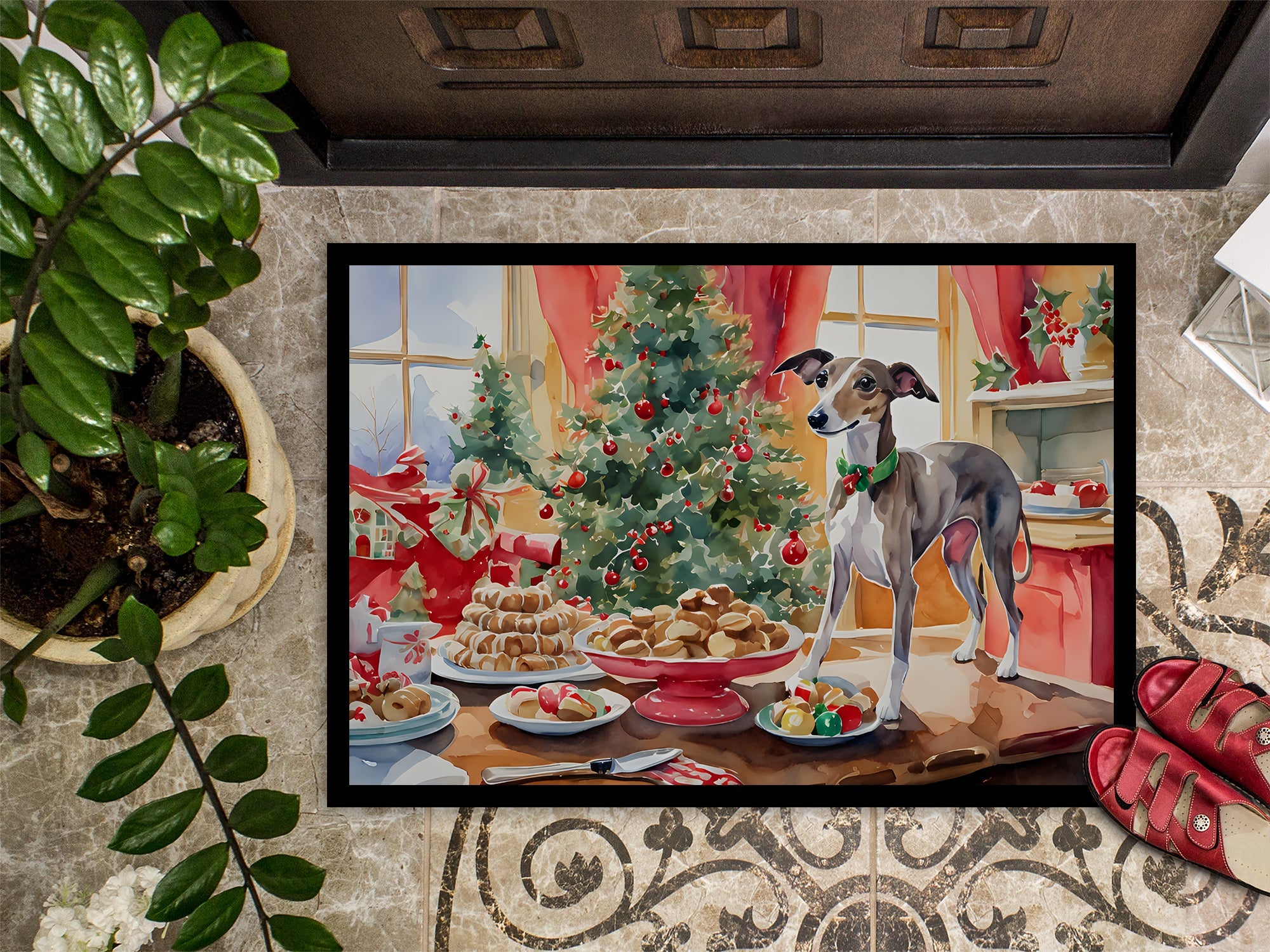 Italian Greyhound Christmas Cookies Doormat Indoor Outdoor 24H X 36W Front Door Mat Rugs for Entryway, Non Slip Washable Low Pile,