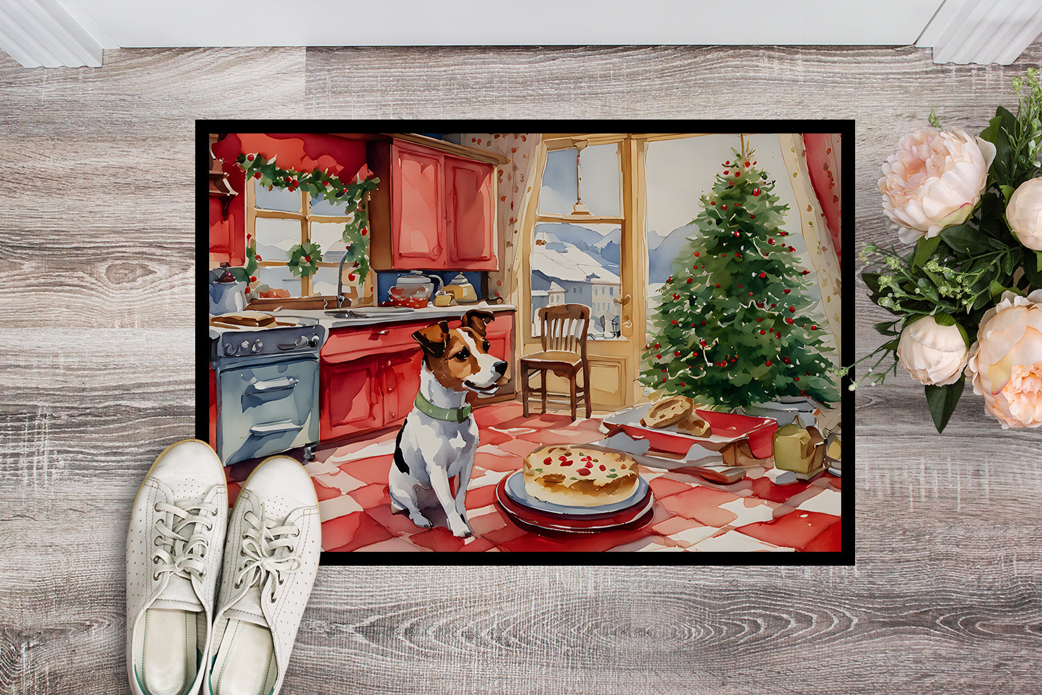 Jack Russell Terrier Christmas Cookies Doormat Indoor Outdoor 18H X 27W Front Door Mat Rugs for Entryway, Non Slip Washable