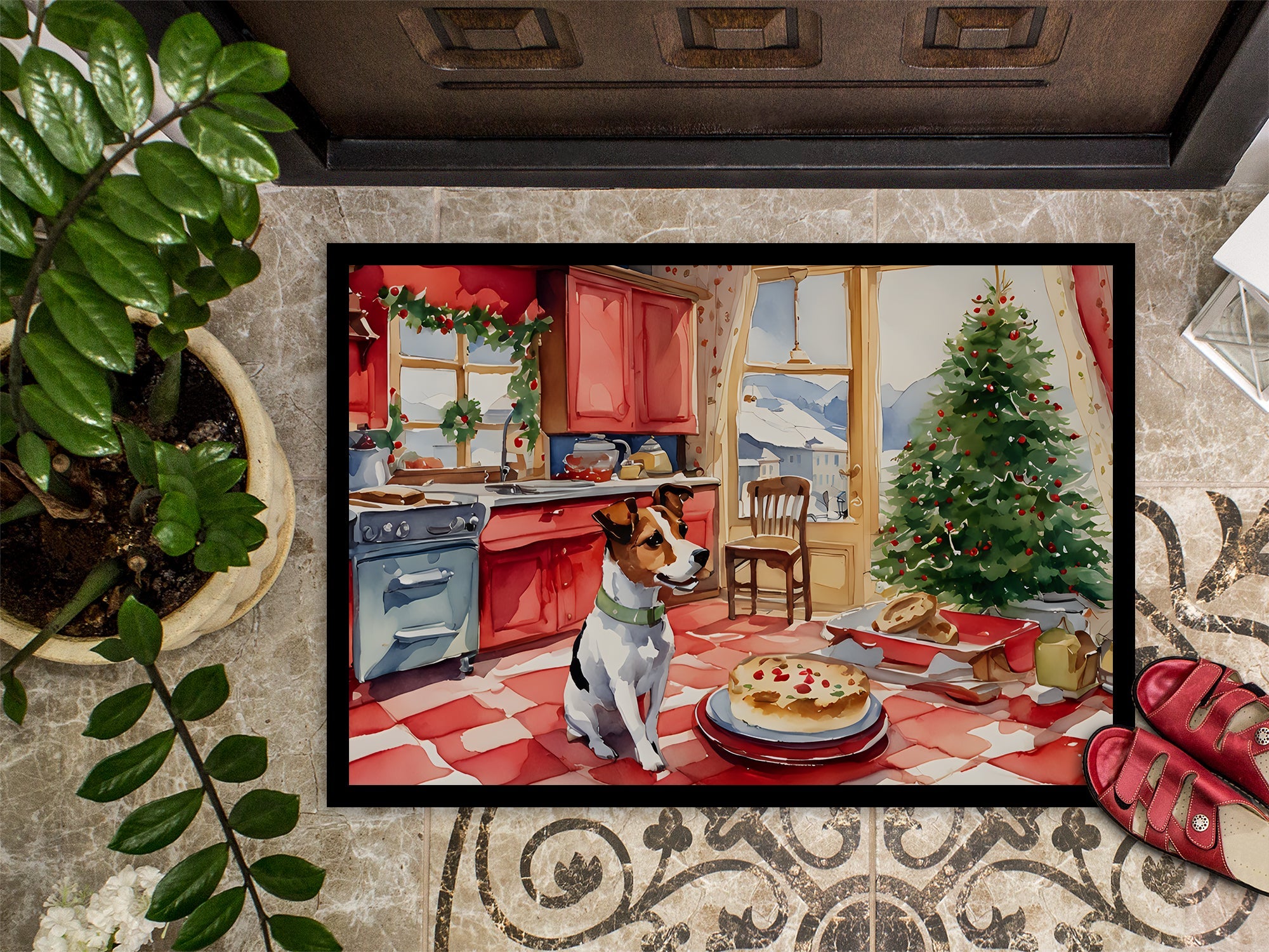 Jack Russell Terrier Christmas Cookies Doormat Indoor Outdoor 18H X 27W Front Door Mat Rugs for Entryway, Non Slip Washable