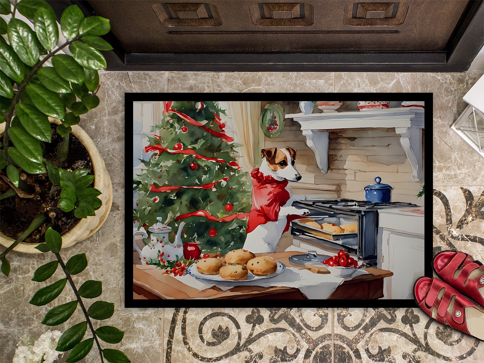 Jack Russell Terrier Christmas Cookies Doormat Indoor Outdoor 18H X 27W Front Door Mat Rugs for Entryway, Non Slip Washable