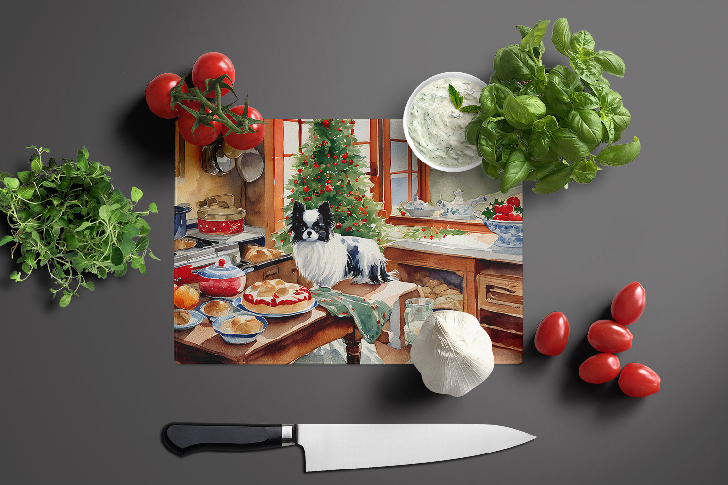 Japanese Chin Christmas Cookies Cutting Board Tempered Glass Kitchen Cutting Surface, Heat Resistant Chopping, Non-Slip Feet, Food Prep & Serving