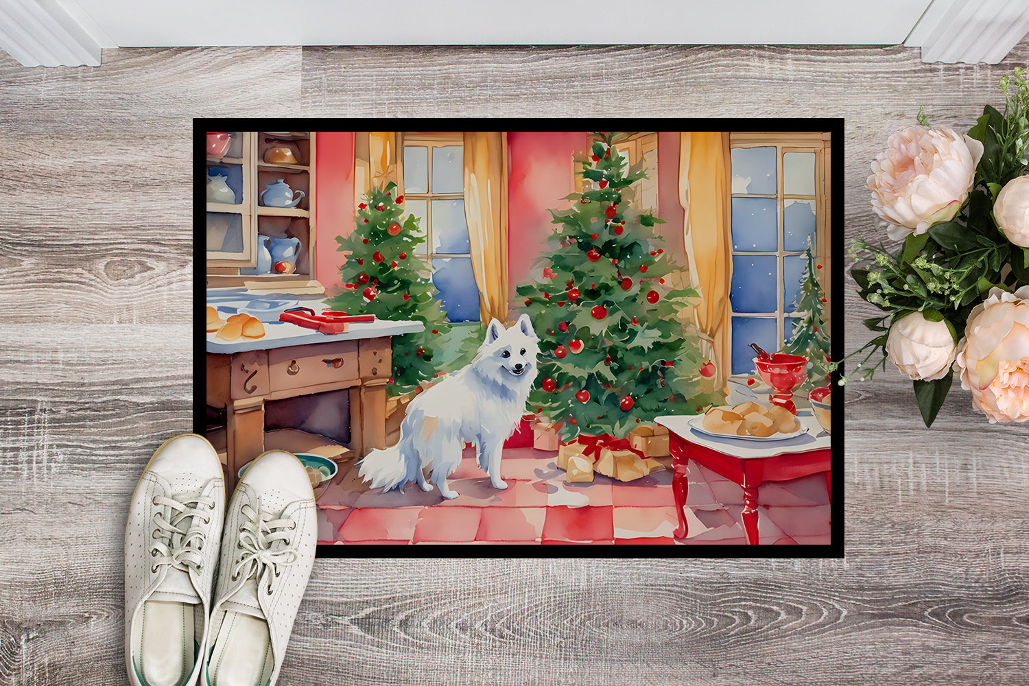 Japanese Spitz Christmas Cookies Doormat Indoor Outdoor 24H X 36W Front Door Mat Rugs for Entryway, Non Slip Washable Low Pile,