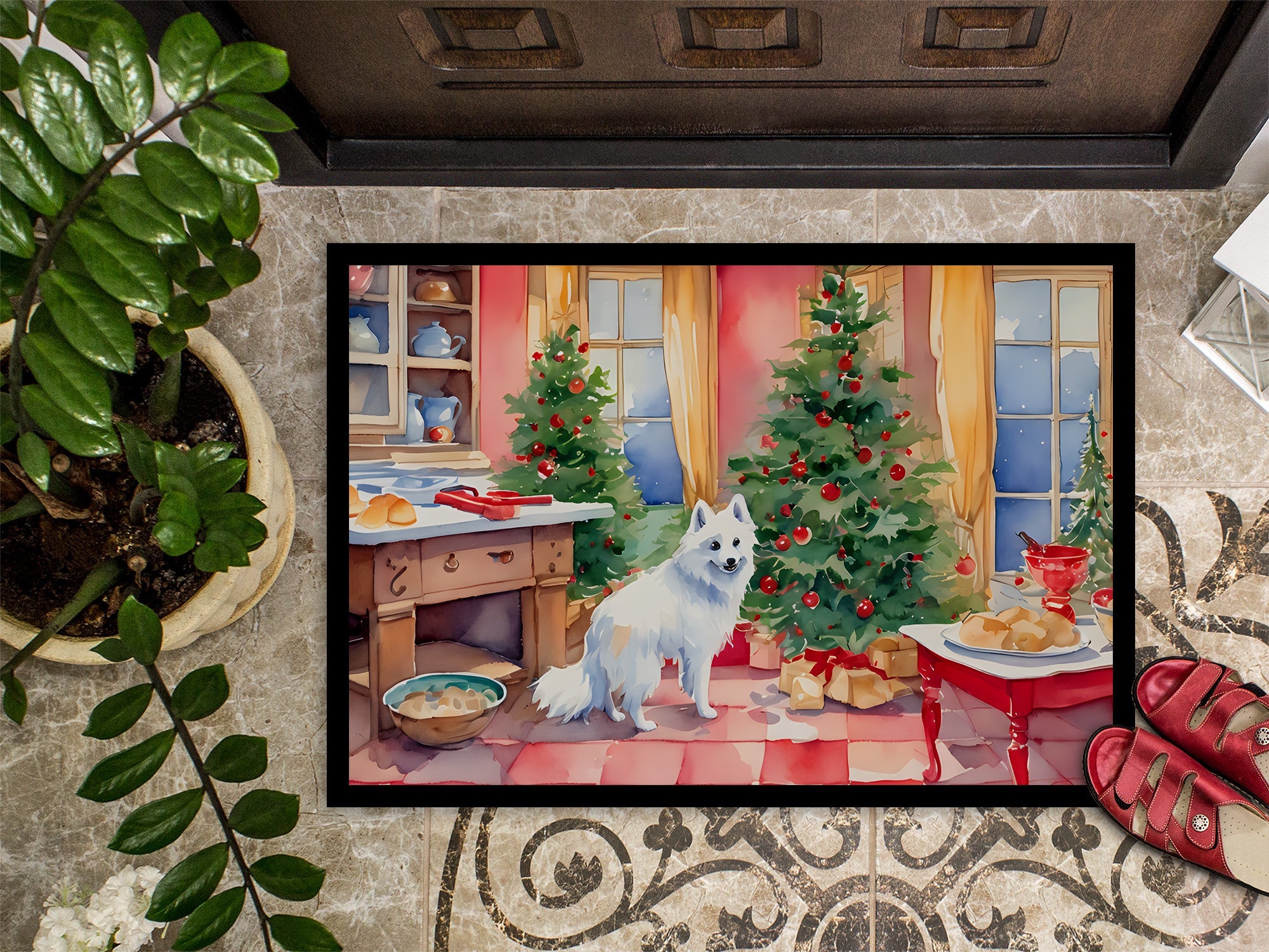 Japanese Spitz Christmas Cookies Doormat Indoor Outdoor 24H X 36W Front Door Mat Rugs for Entryway, Non Slip Washable Low Pile,
