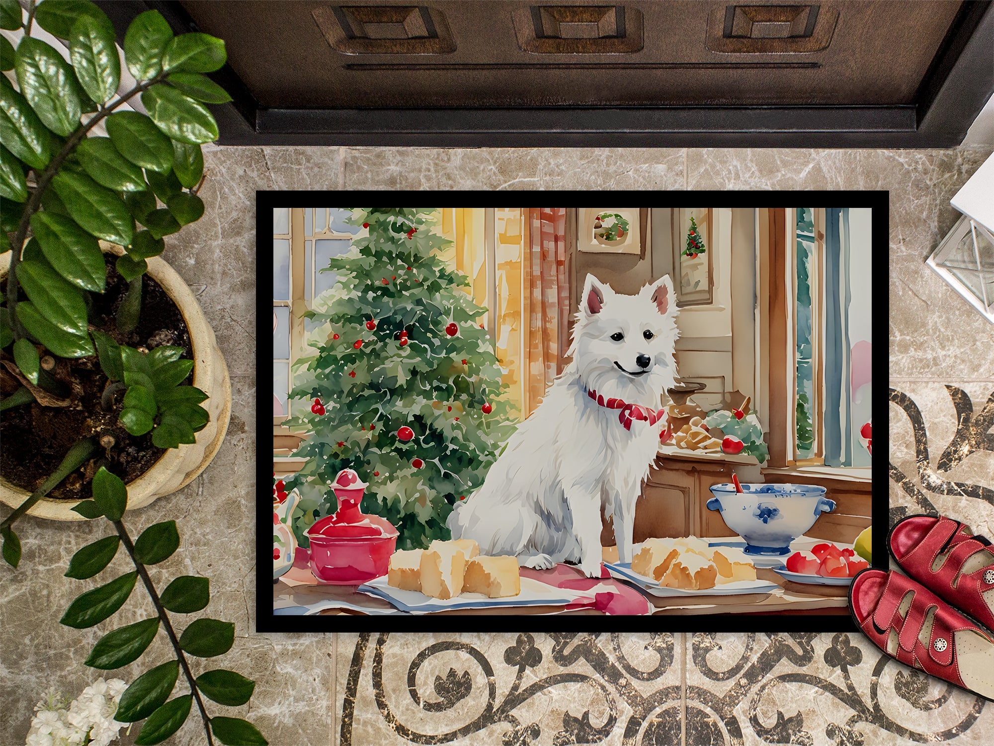 Japanese Spitz Christmas Cookies Doormat Indoor Outdoor 24H X 36W Front Door Mat Rugs for Entryway, Non Slip Washable Low Pile,