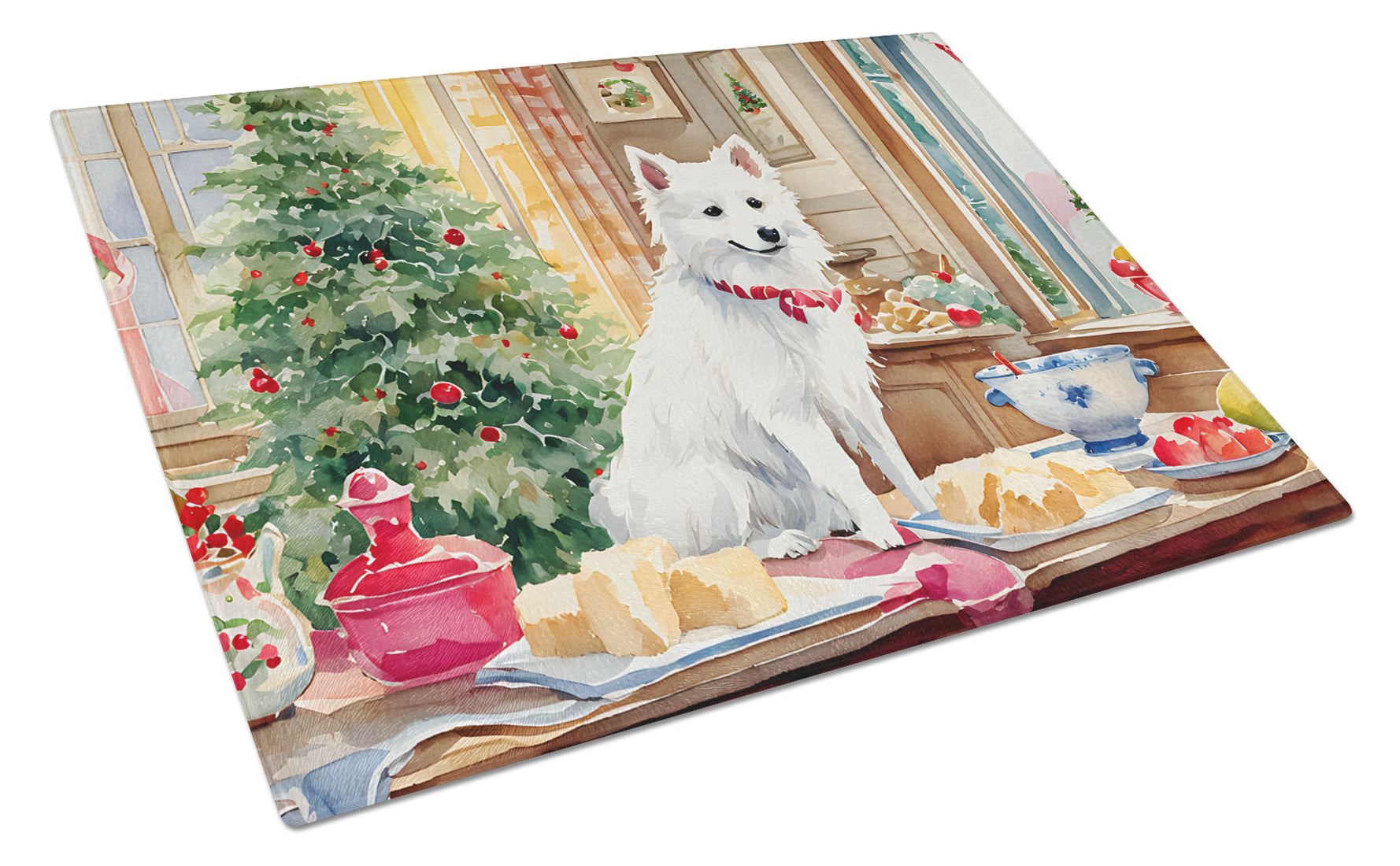 Japanese Spitz Christmas Cookies Cutting Board Tempered Glass Kitchen Cutting Surface, Heat Resistant Chopping, Non-Slip Feet, Food Prep & Serving
